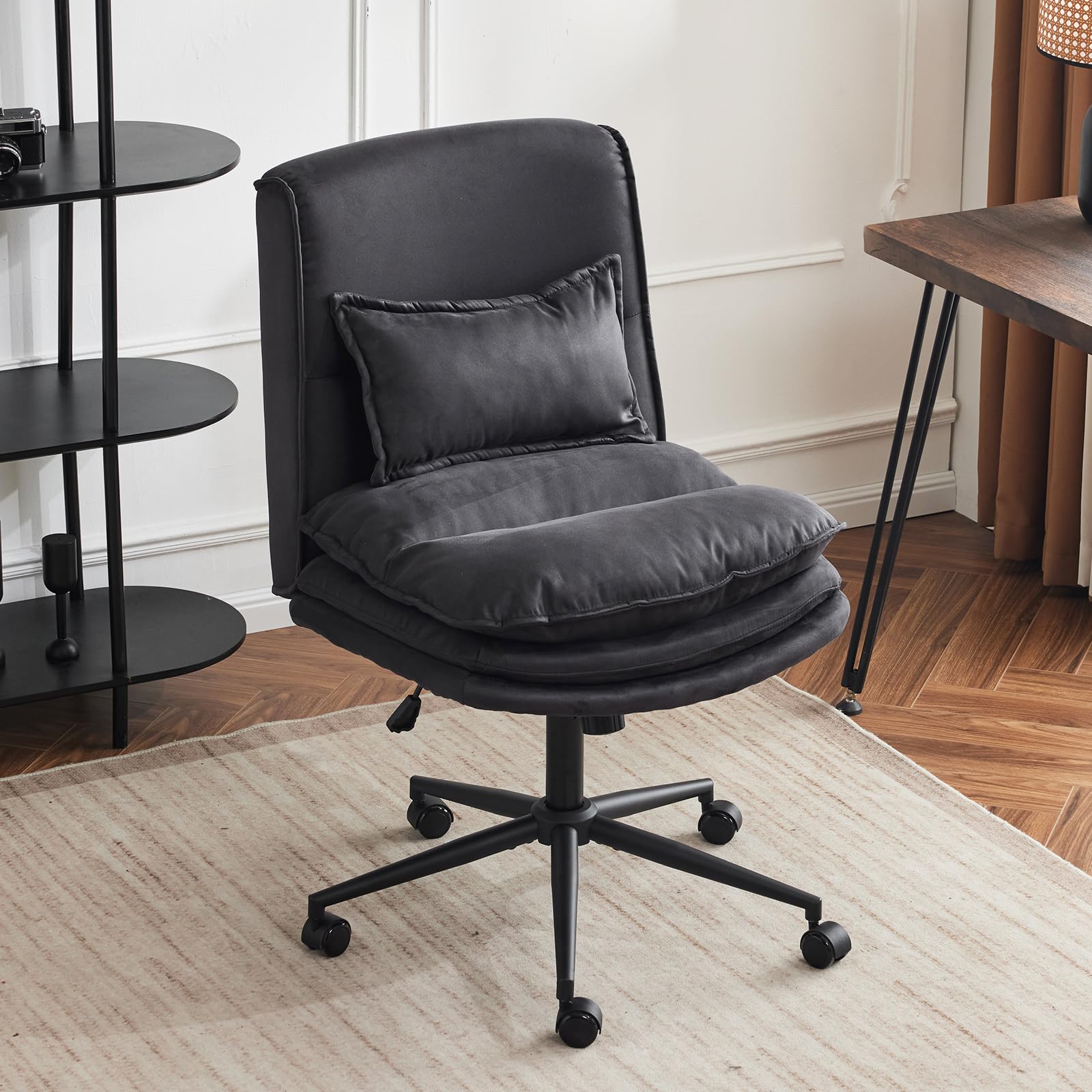 Bonnlo Cloud Criss Cross Legged Chair, High Back Armless Home Office Chair with Wheels, Adjustable Comfy Padded Computer Seat, Moden Swivel Makeup Vanity Seat for Home, Smooth, Black