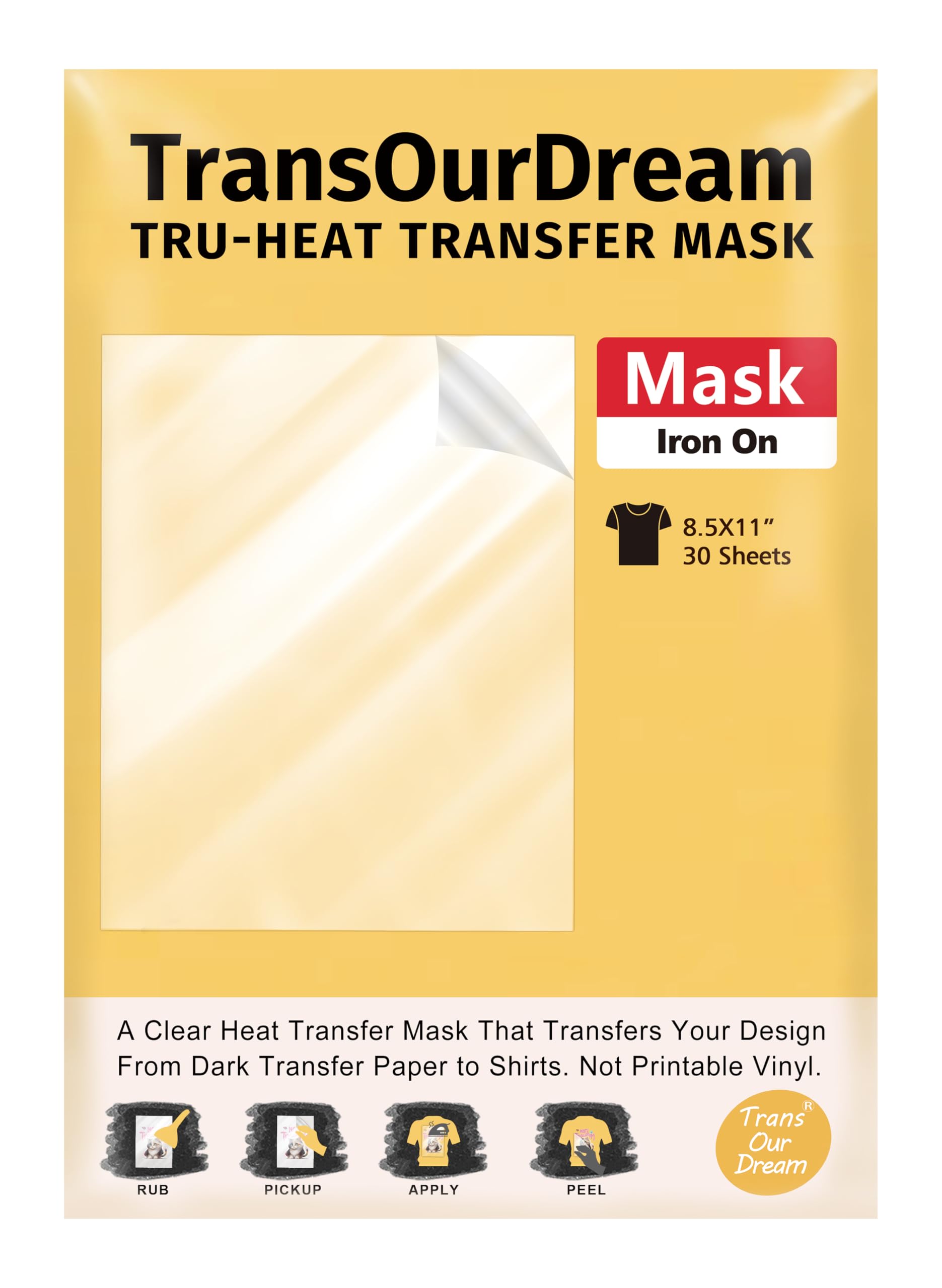 TransOurDream Heat Transfer Mask &amp; Iron on Tape(30 Sheets, 8.5x11") - Iron-On Clear Positioning Film for Dark Transfer Paper &amp; Printable HTV on Shirts