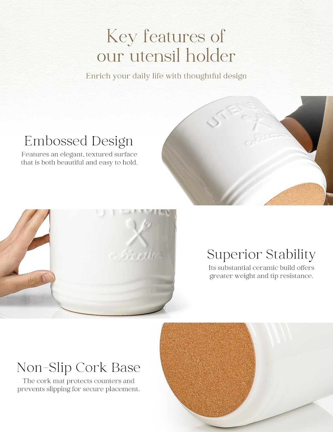 AISBUGUR Large Ceramic Utensil Holder: 7.5" H×6.3" W with Slanted Mouth - Utensil Crock with Non-Slip Cork Base for Kitchen Counter, Ideal for Decor & Gift, White - Image 8