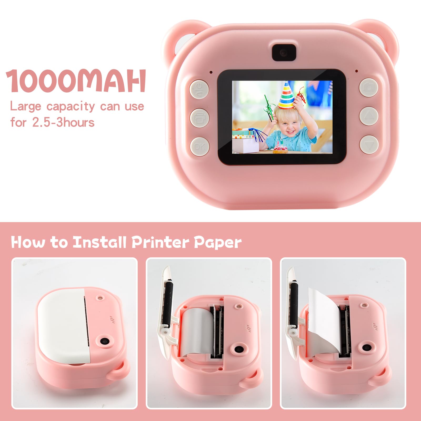 Fotocamera per Bambini per Ragazze e Ragazzi, Fotocamera Giocattolo con Stampa Istantanea per Bambini, dai 3 ai 14 Anni, Fotocamera Digitale per Bambini HD da 32 GB (Rosa)