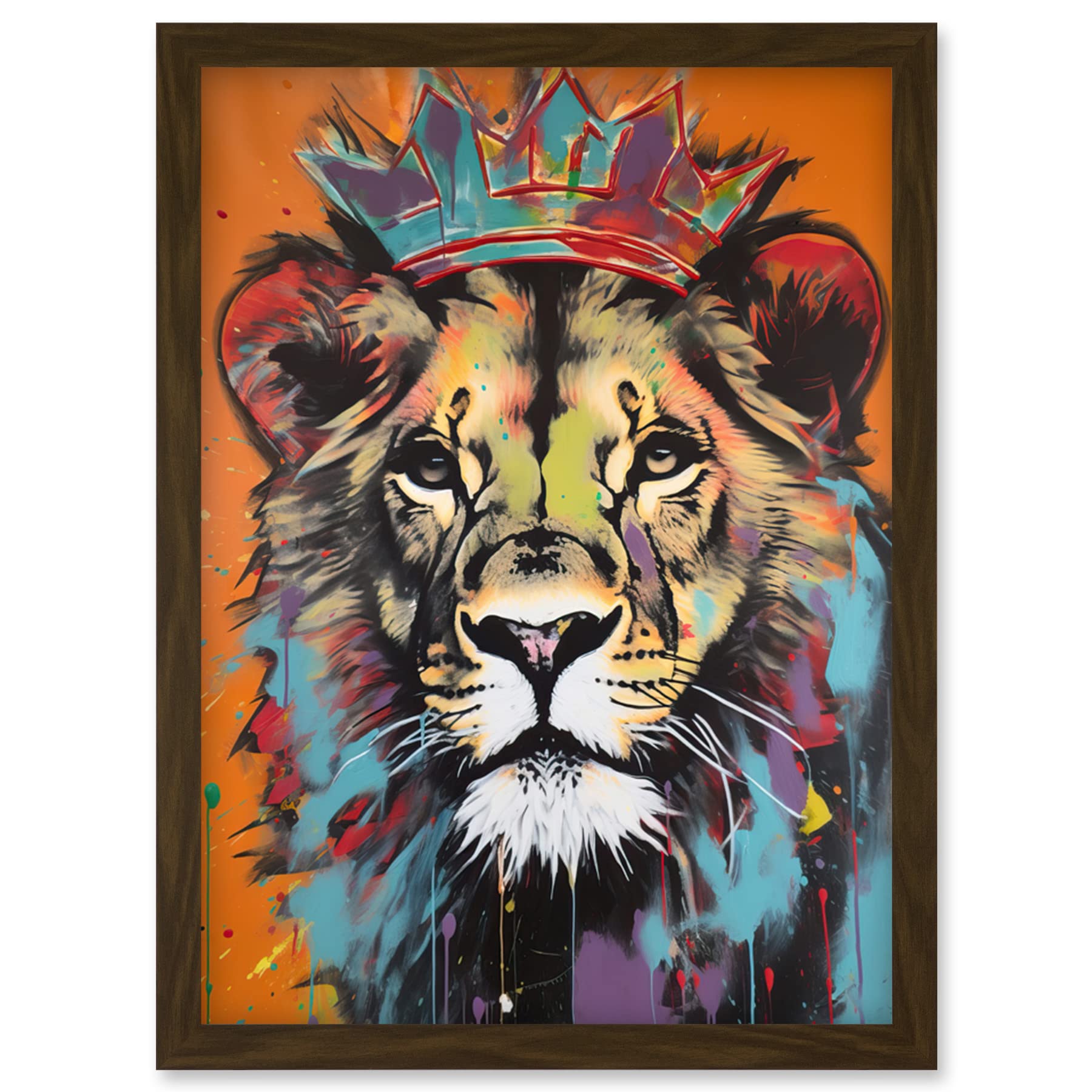 Artery8 Lion Wearing Crown Jungle King Animal Portrait Artwork Framed Wall Art Print A4