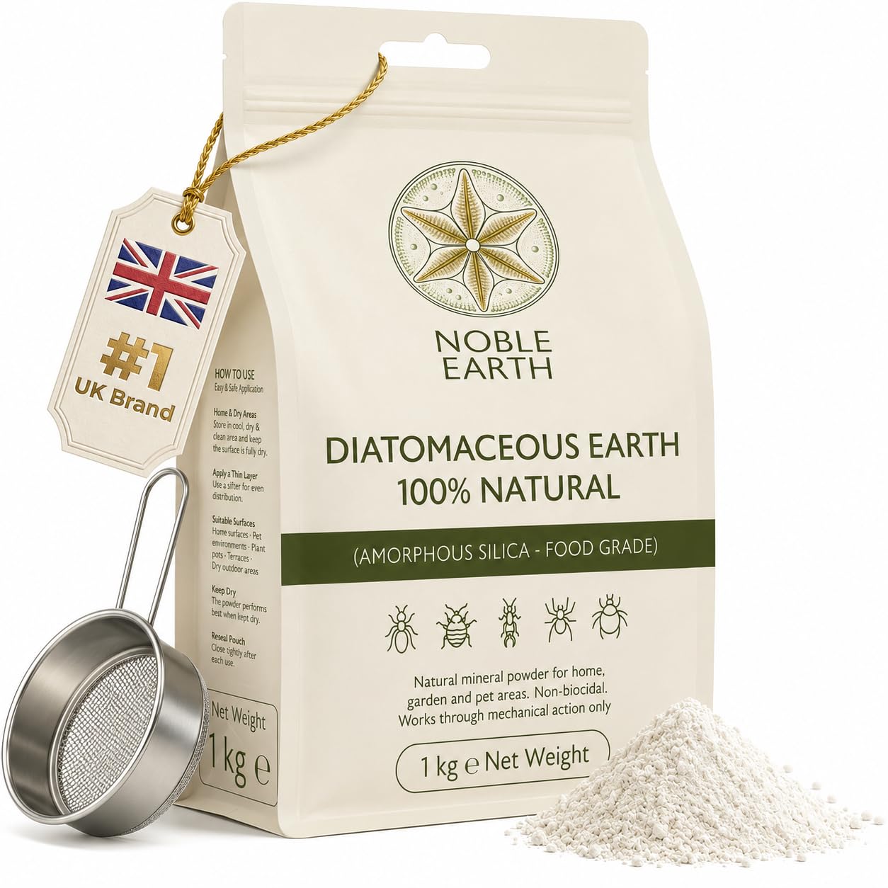NobleEarth Diatomaceous Earth Food Grade 1kg | 100% Natural Pest Control Powder for Fleas, Ants & Bed Bugs | Home, Garden & Pet | Sieve Applicator