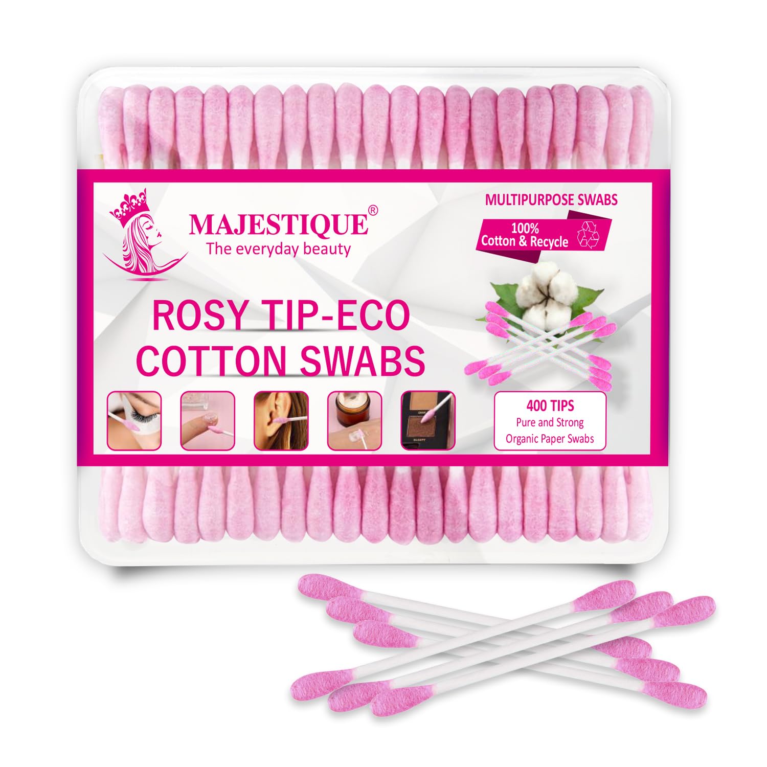 Majestique Rosy Tip Eco Cotton Swabs | Paper-made Sticks, Pure and Strong | Gentle for Face, Ear Cleaning, Makeup, and Beauty Application - 200 Pcs