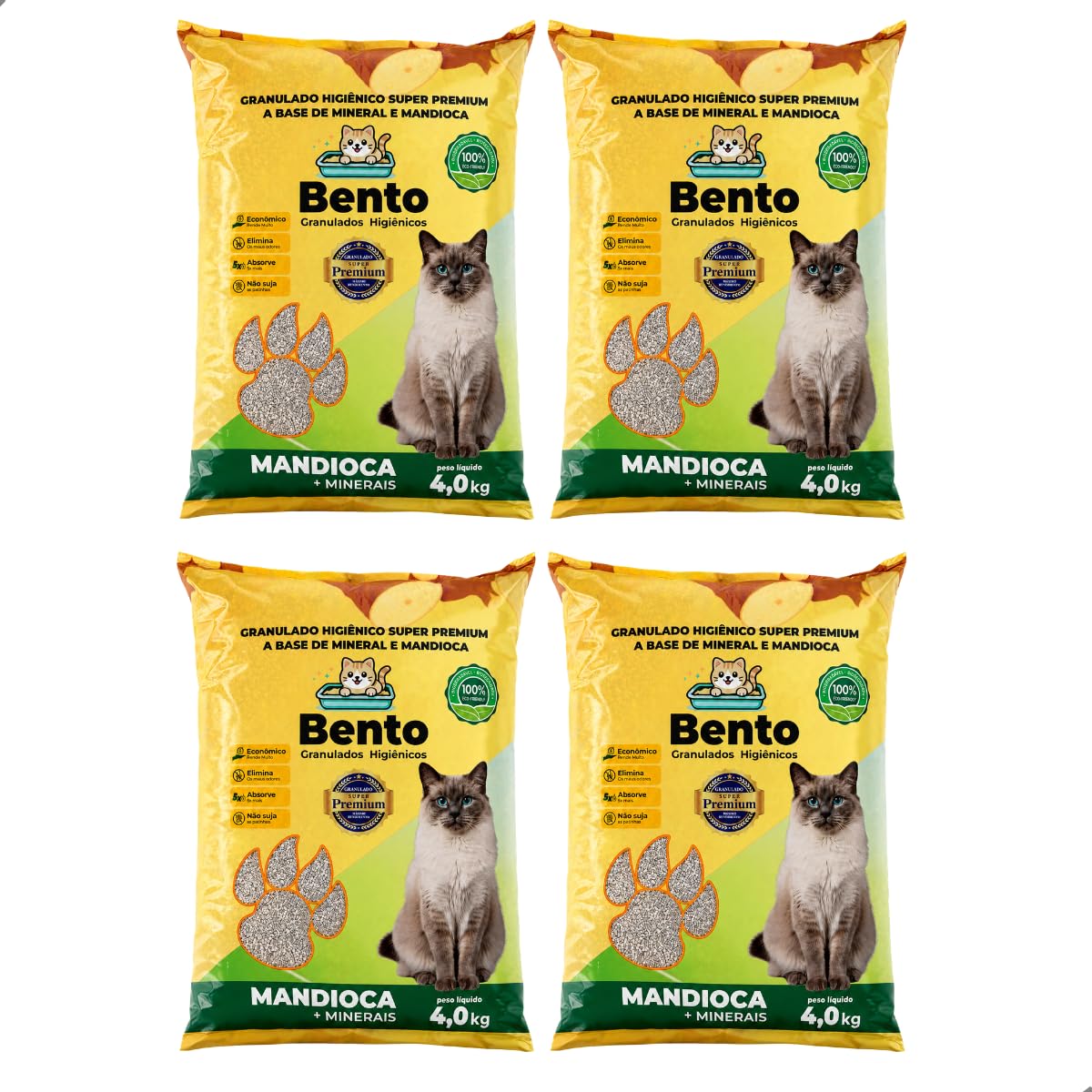 Kit 4 Areia Sanitária Higiênica para Gatos Biodegradável Mandioca e Bentonita 100%