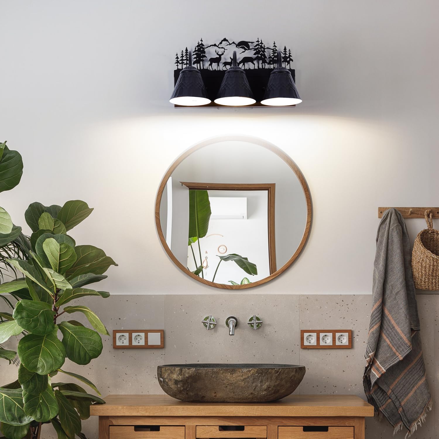 Rustic 3-Light Black Vanity Light Fixtures with Deer Design, E12 Base Farmhouse Bathroom Lighting for Mirror, Cabinet, or Dressing Table (Small, Bulb Not Included)