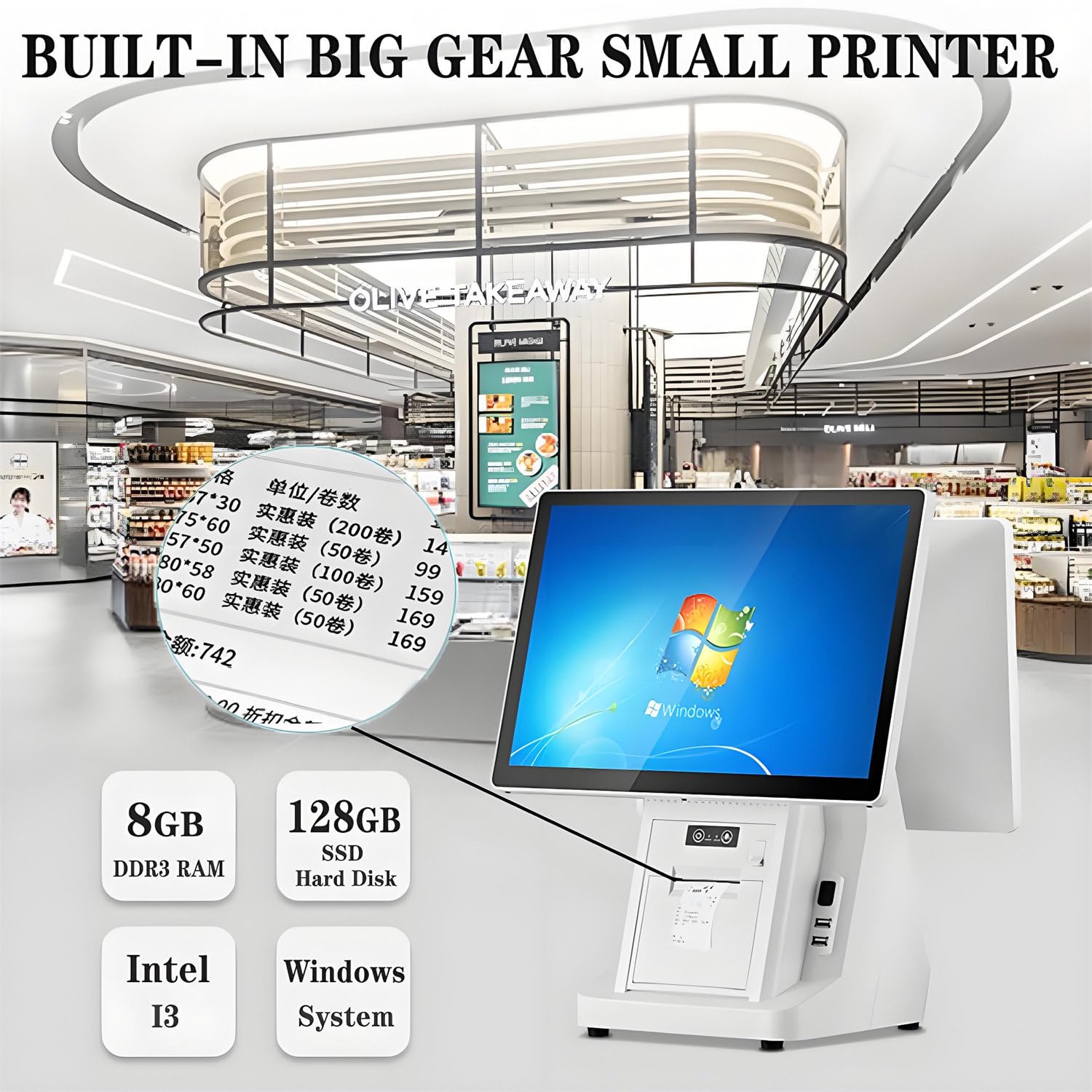 Registratore Cassa con Doppio Touch Screen 15,6 Pollici, Pos per Piccole Imprese, Stampante Termica 58 Mm Integrata, Registratore di Cassa Intelligente all-in-One Singlescreen