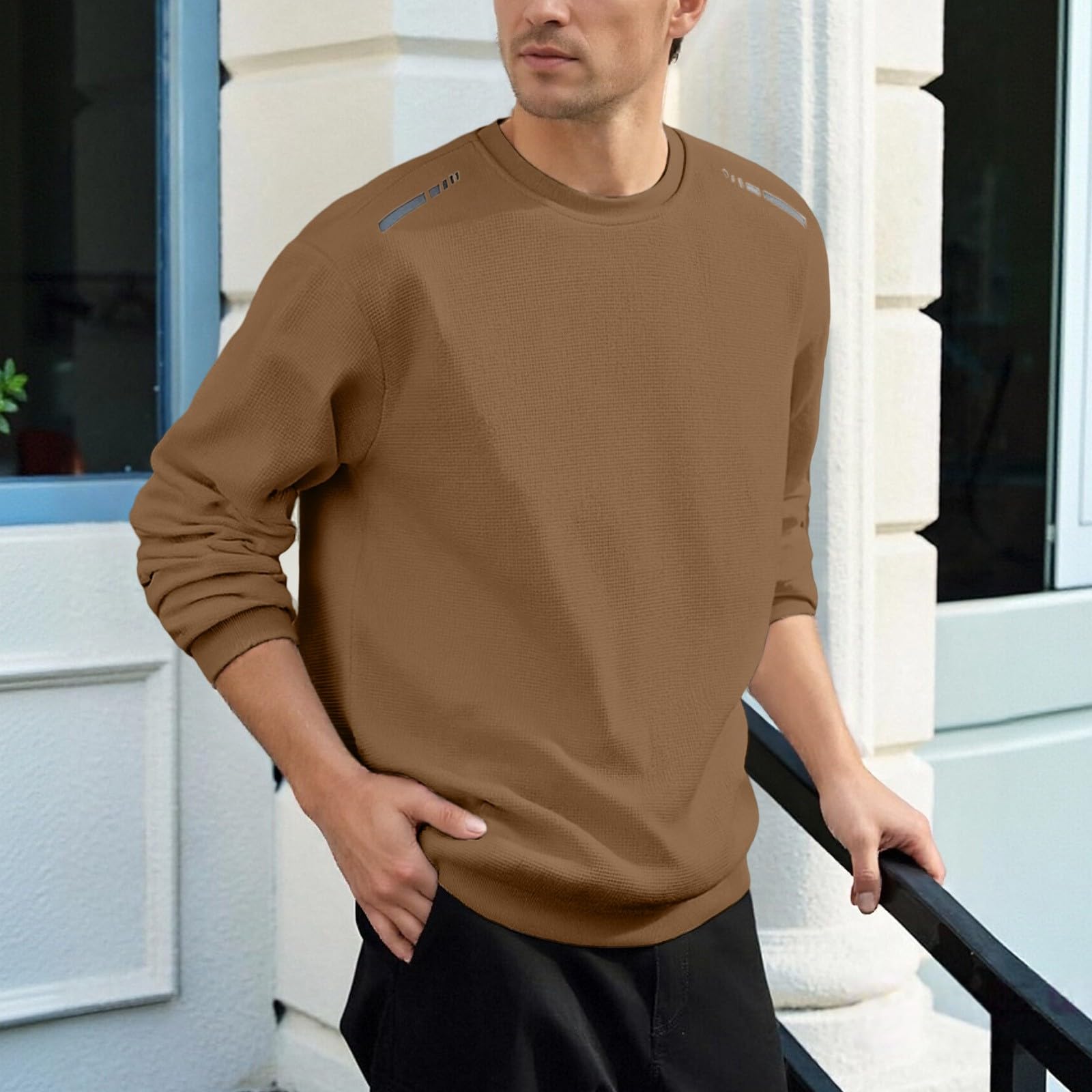 DENGJIAMY Sweat-shirt gaufré classique basique à col rond pour homme