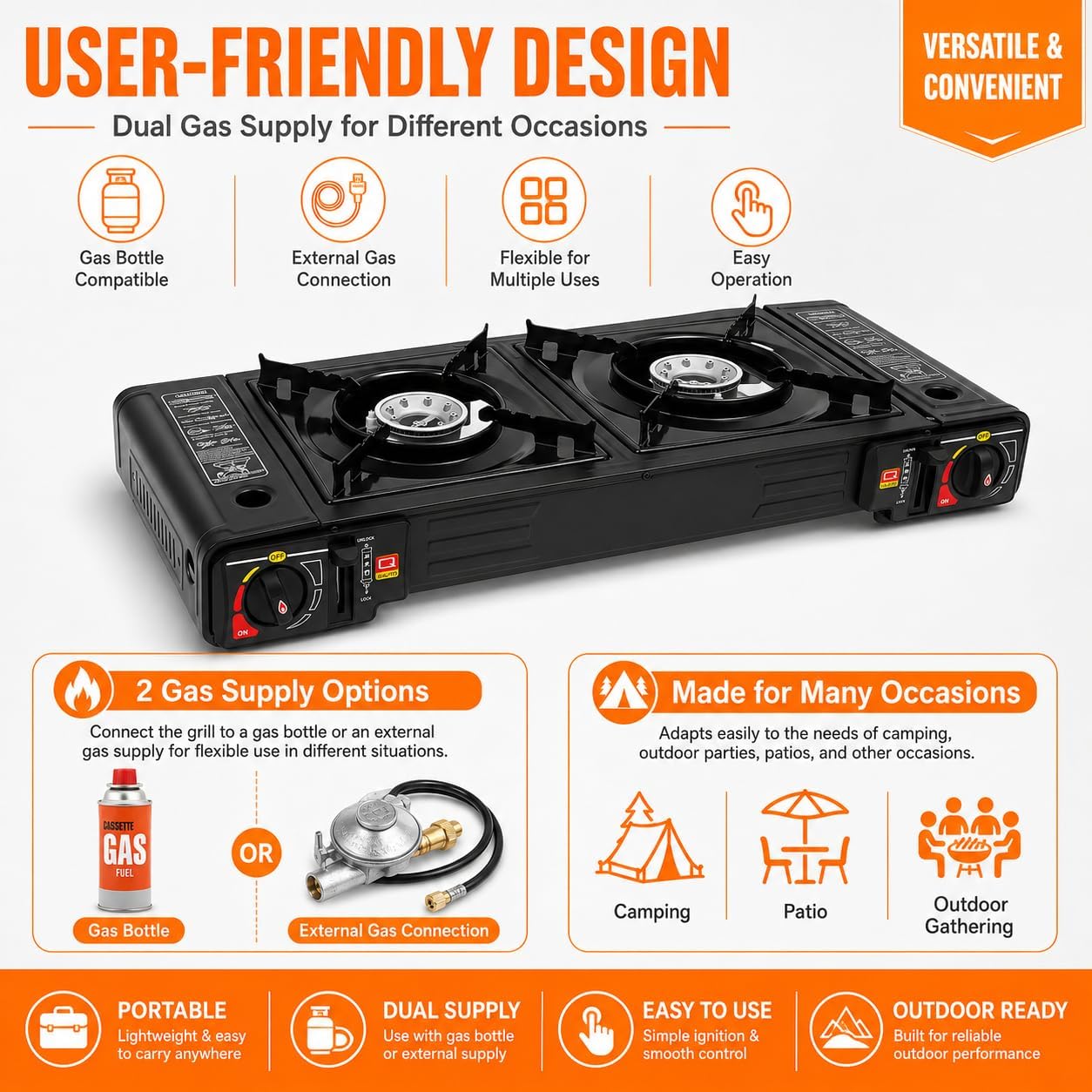 Barbecue à gaz et réchaud à gaz à 2 flammes en acier inoxydable - 2500 W - Réchaud de camping avec plaque de cuisson et boîte de rangement - Soupape de surpression intégrée - Réchaud à gaz de camping