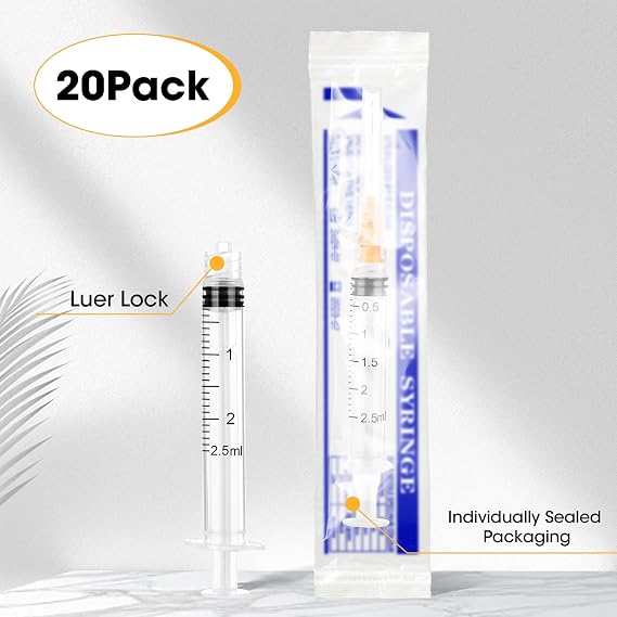 20 Pack 2.5ml/cc Lab Dispensing Tools with 25G (25mm), Individually Packaged, Plastic Measuring Tool Multiple Uses for Refilling and Measuring Liquids