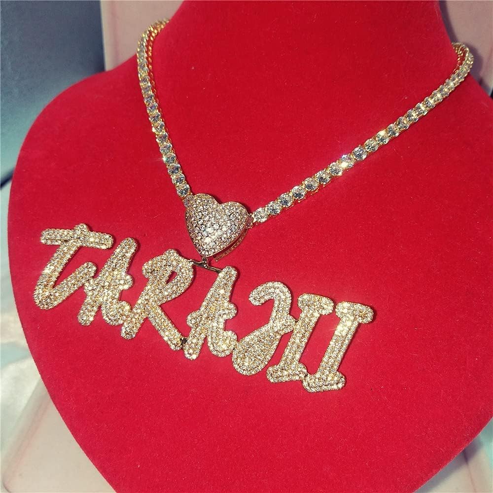 Hip Hop Custom Heart Bail Cursive Name Necklace with Cuban Or Tennis Chain Iced Out Bubble Letter Pendant Simulated Diamond Initials Chain Gifts for Her