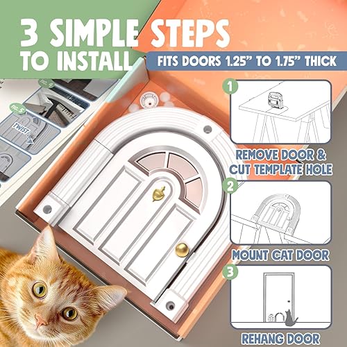 Miniatura 4 de Puerta interior para gatos Meow Manor, sin solapa, puerta interior para gatos de hasta 20 libras, fácil instalación de bricolaje, instalación segura