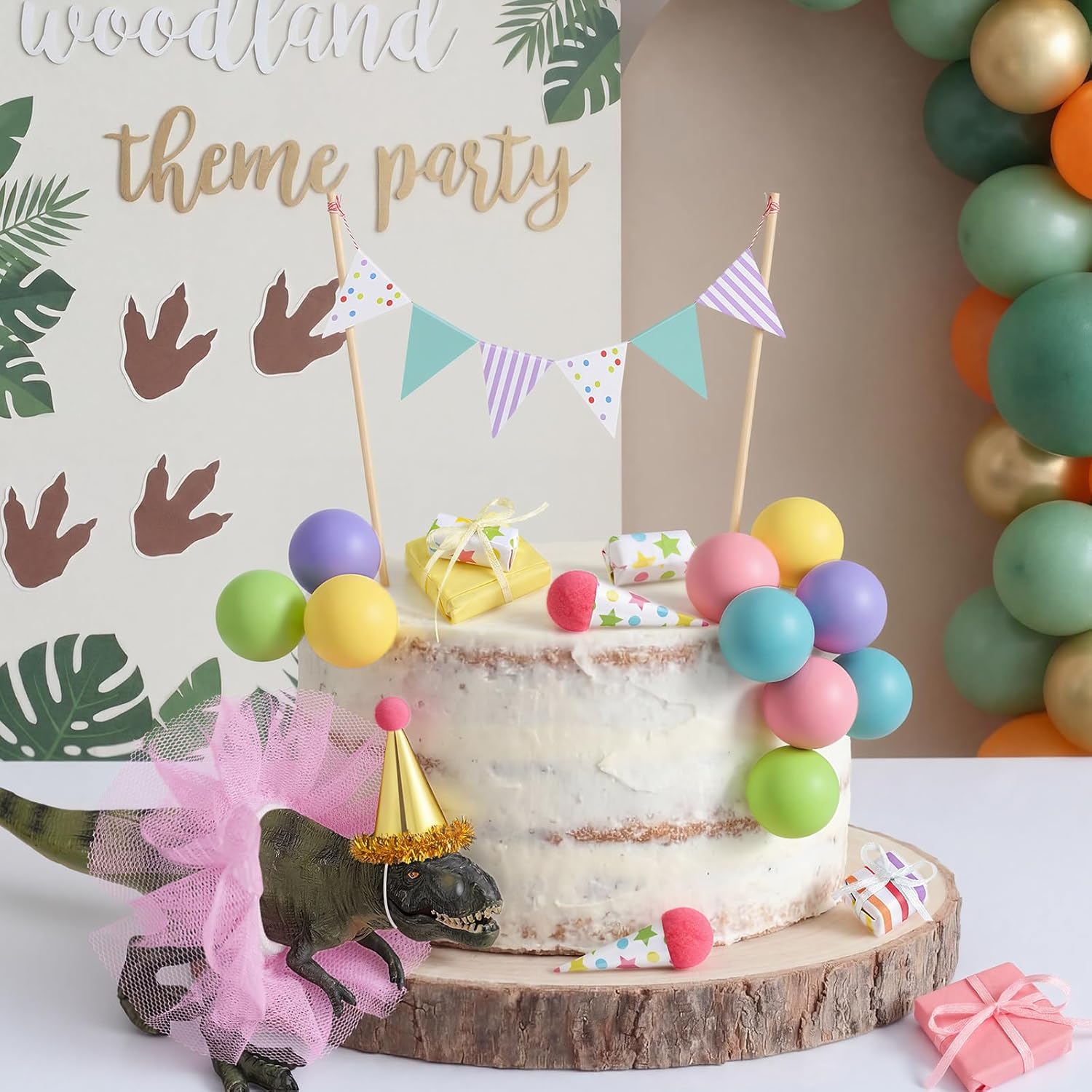 Weysat 19 Pcs Dinosaur Cake Toppers Decorations Set Mini Birthday Hat Skirt Triangle Flag Banner Decor Balls andIce Cream Cone Cake Topper for Dinosaur Theme Birthday Gender Reveal Party Decorations