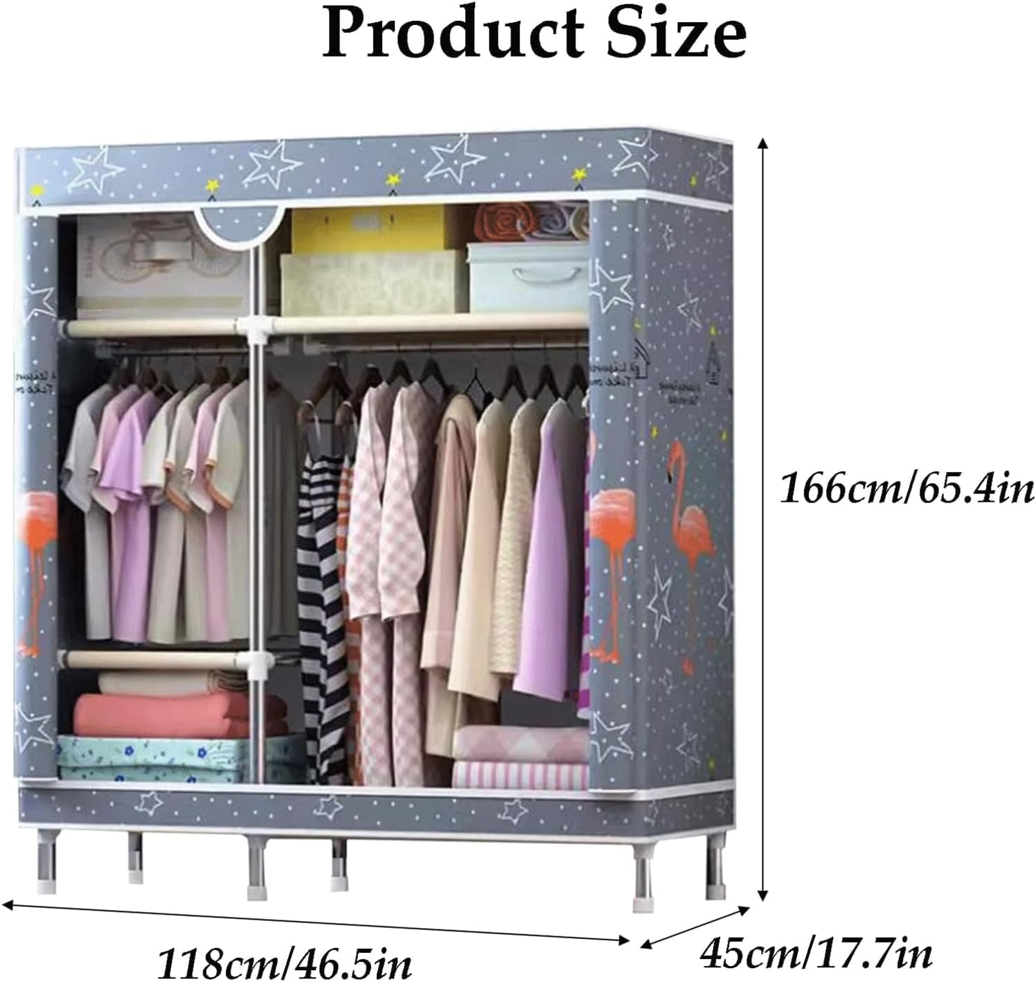 TIST Large Closet Steel Shelf Closet with Patterned Fabric Cover Closet Bedroom Hanging Closet Stylish Portable Wardrobe(A,118cm/46.5in)