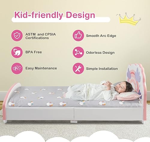 Miniatura 100 de Costzon Base de cama individual para niños, plataforma de cama individual tapizada de madera con soporte de listones, cabecera y estribo acolchados
