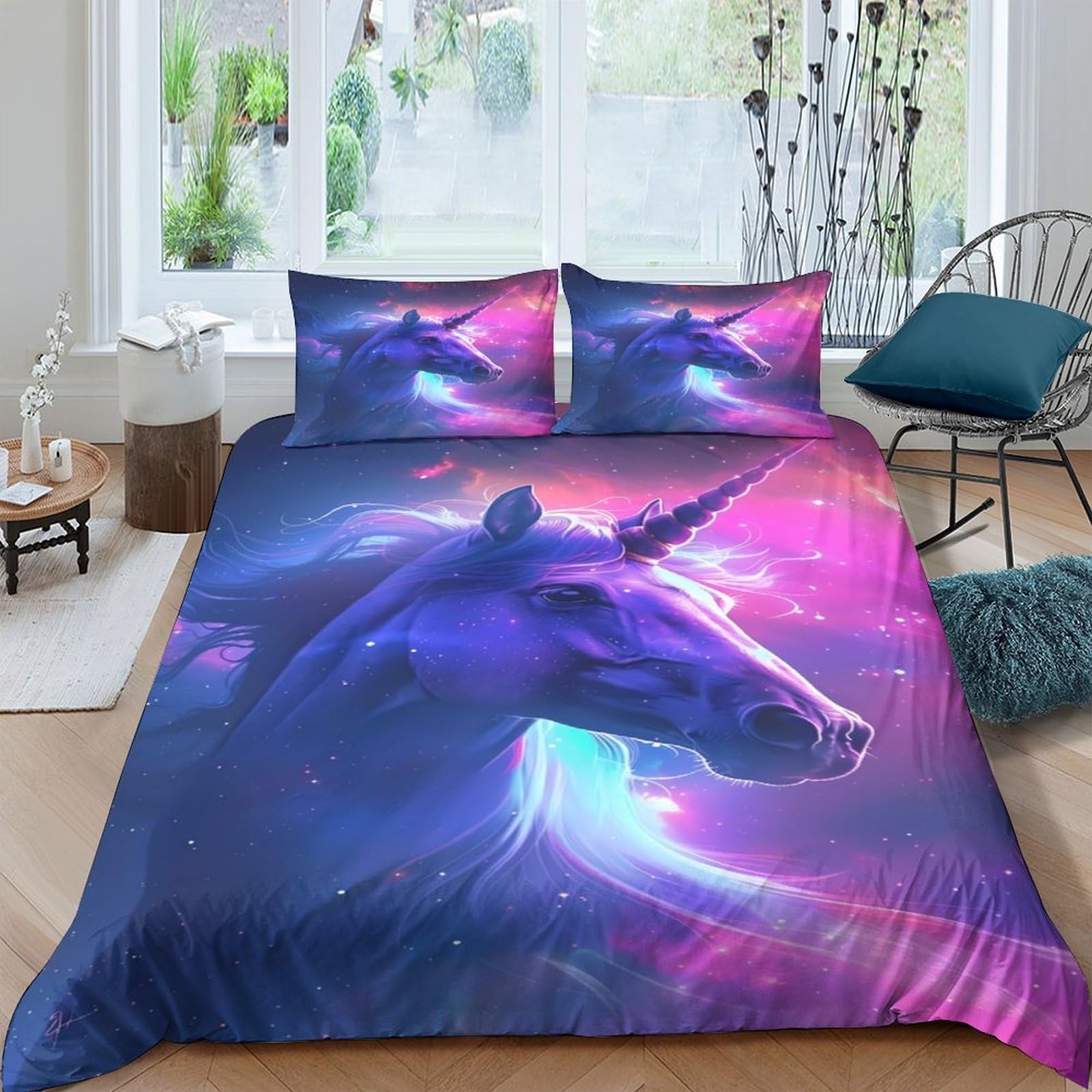 Ctjqhvkz Style-1 3D Printed Fantasy Unicorn Fitted Sheet Microfiber Soft Purple Blue Nebula Bed Cover For Bedroom Dorm Mattress Protection Decor Single（135X200cm）