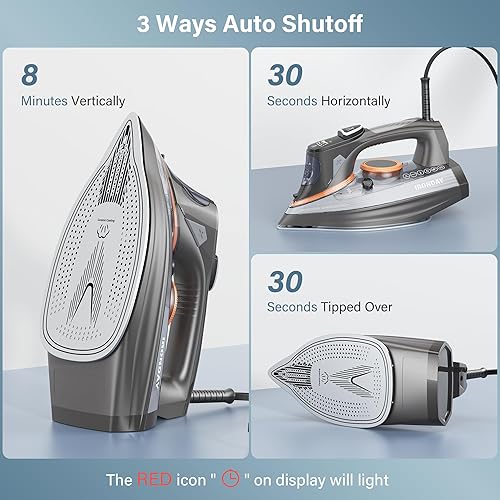 Miniatura 5 de Plancha de vapor para ropa con pantalla LCD, suela de cerámica antiadherente de 1700 W, apagado automático, autolimpieza, antigoteo, ráfaga de