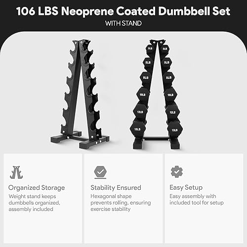 Miniatura 4 de BalanceFrom Neoprene Coated Iron Dumbbell Hex Weights Set with Stand  Color-Coded or Black Options with Non-Slip Grip for Strength Training,
