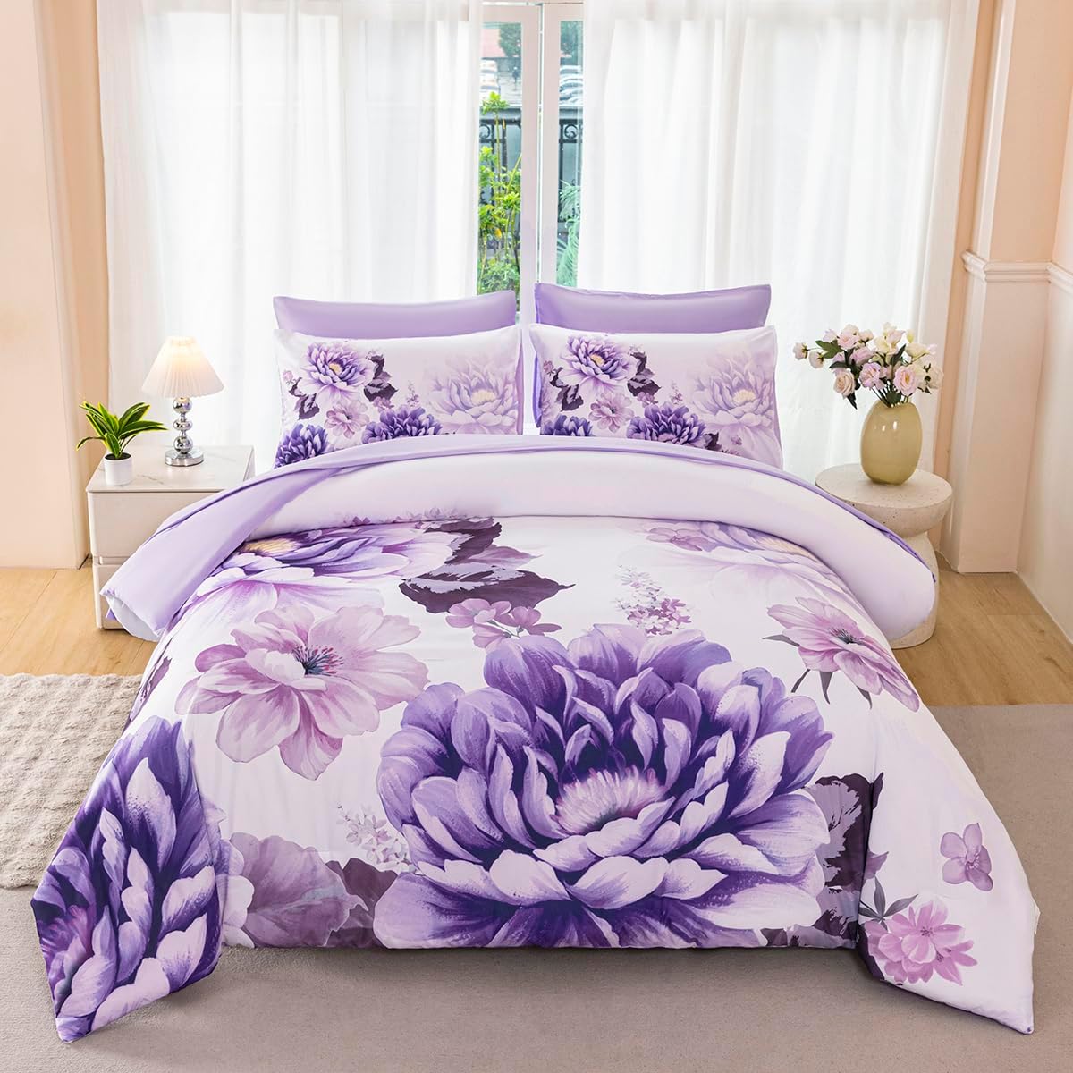 Purple Comforter Set Queen 7 Pieces Floral Bedding Set for Women Flower Bed Set Soft Reversible Pink Peony Bed in A Bag with Sheets(Purple, Queen)