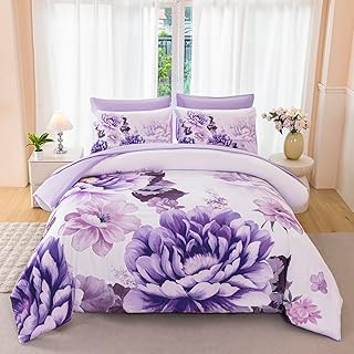 Purple Comforter Set Queen 7 Pieces Floral Bed Set Women Flower Bedding ...