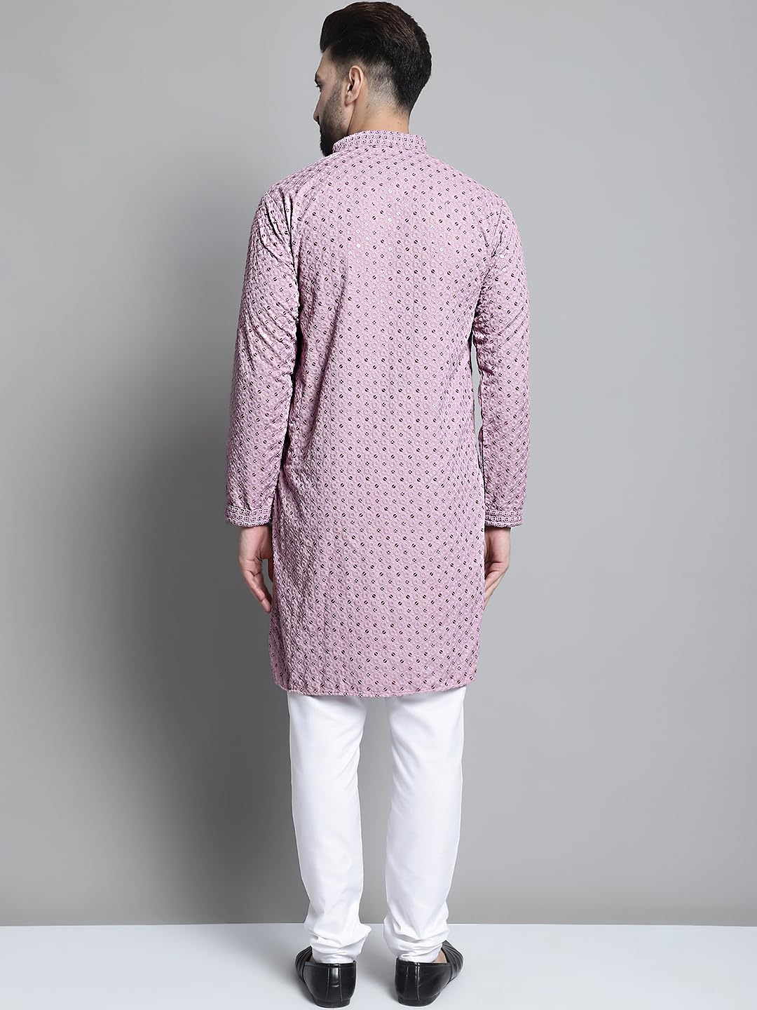 Jompers Men's Chikankari Embroidered And Sequence Kurta With Churidar (Light-Purple, S)