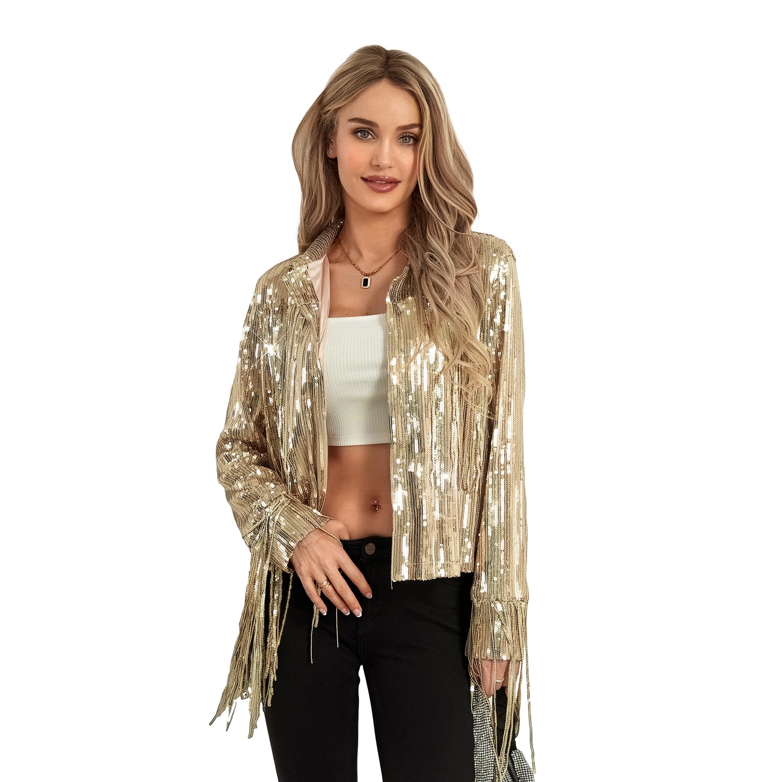 Women's Sequin Tassel Jacket Long Sleeve Open Front Sparkly Glitter Blazer Clubwear