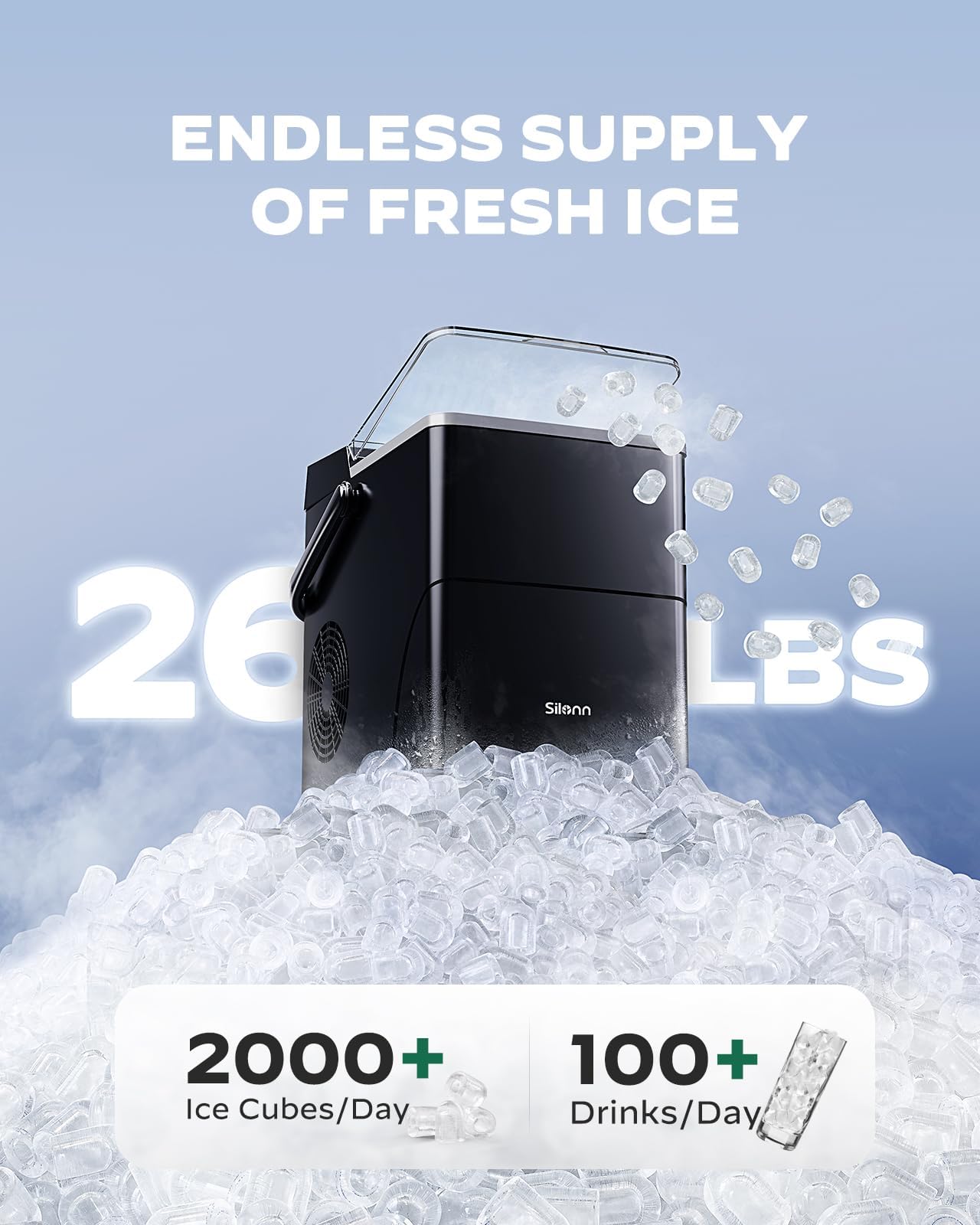Silonn Countertop Ice Maker With Expanding Ice Basket, 9 Cubes In 6 Mins, 2.5l Ice Basket, Self-Cleaning Ice Maker With LED Touch Control, 2 Bullet Ice Sizes For Home, Kitchen, Office on Fridge.com - View 4