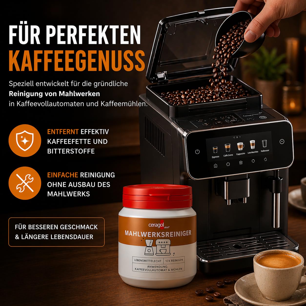 ceragol Mahlwerkreiniger Vollautomat und Kaffemühle, 200g - Reinigungsbohnen Mahlwerk - Kaffeemühlenreiniger - Mahlwerk Reiniger für Kaffeevollautomaten und Mühlen - Grinder Cleaner Kaffeemaschine