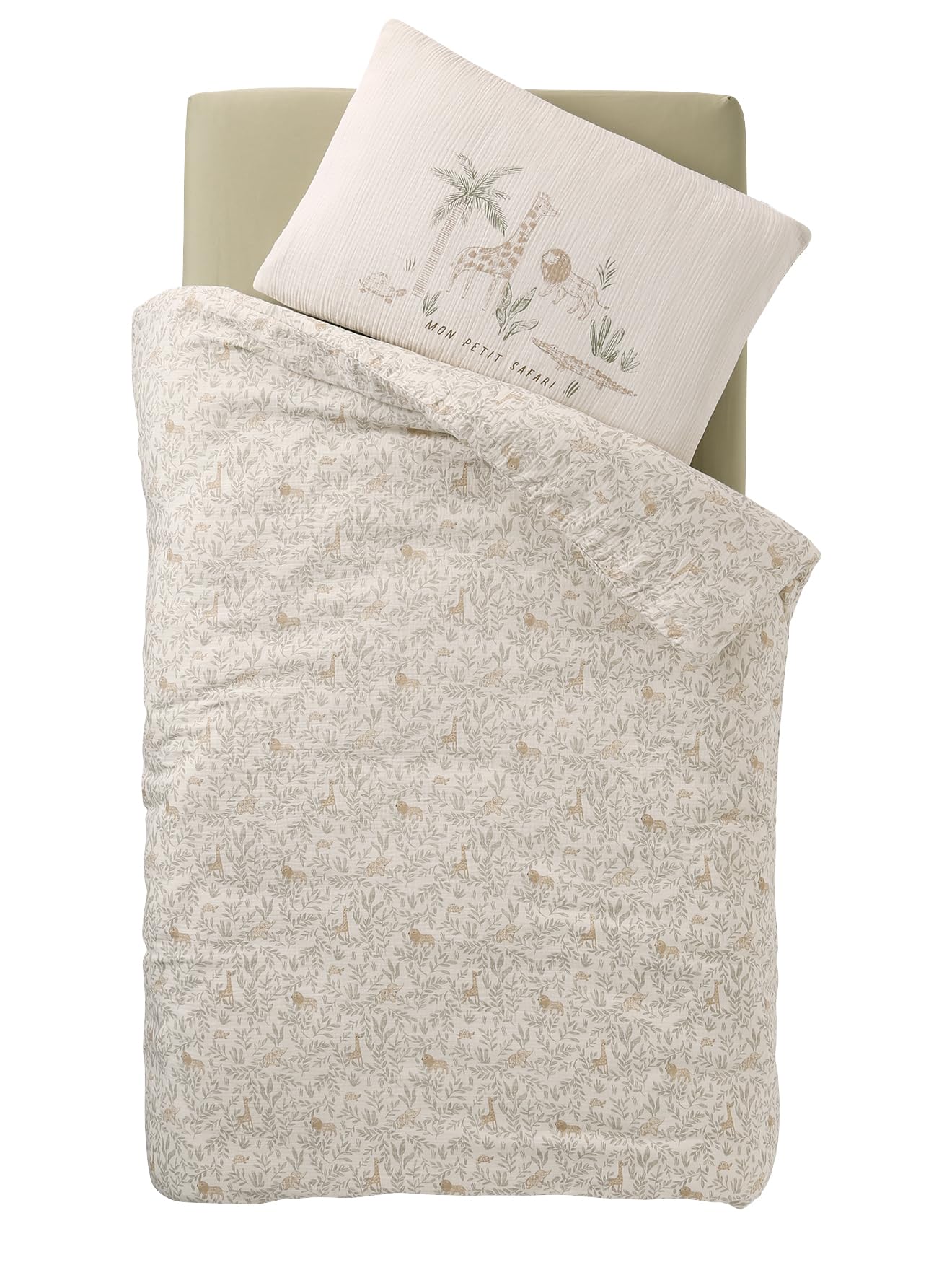 VERTBAUDET Parure Housse de Couette + taie d'oreiller bébé Babylon Beige imprimé 100X120 40X60