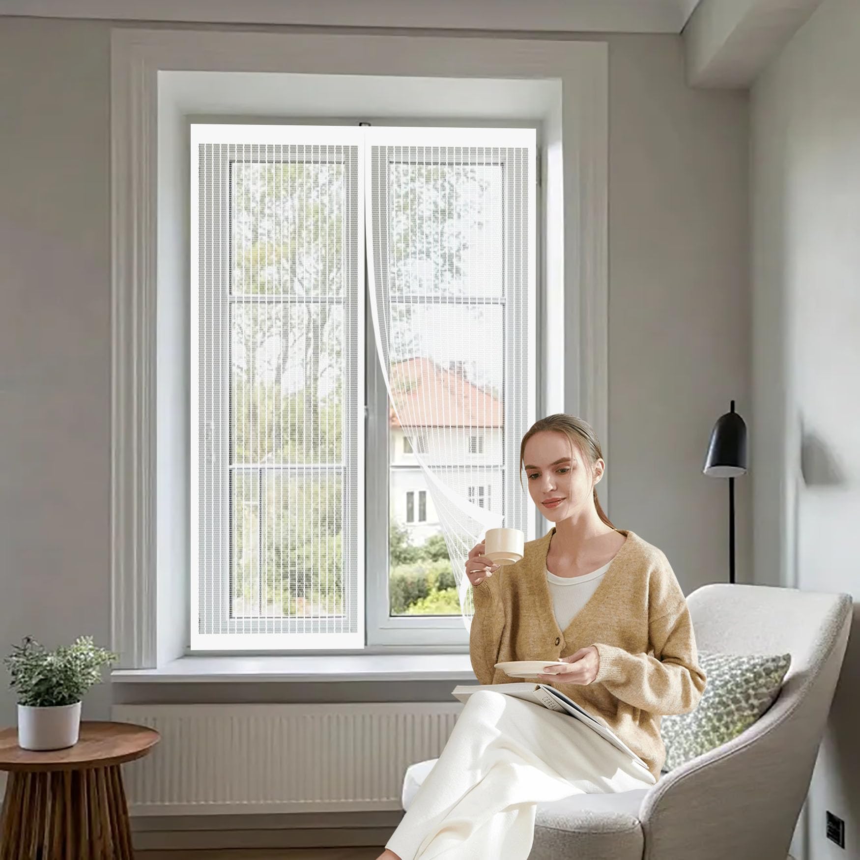 Yanhong White Door Fly Screen Curtain 79 X 142 Cm Keep Pets Indoor, Allow Fresh Air Flow, Hands-Free No-Drill Easy Installation Fly Door Screen Mesh For Living Room, Bedroom, Patio,