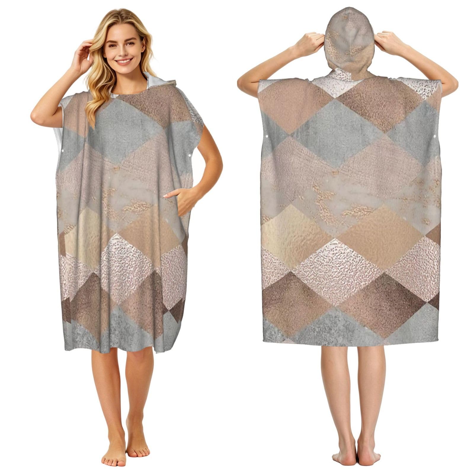 Poadnly Copper And Blush Rose Gold Marble Argyle, Adult Hooded Beach Towel 90 x 110 cm,Changing Bath Robe, Surf Poncho Towel For Women Men