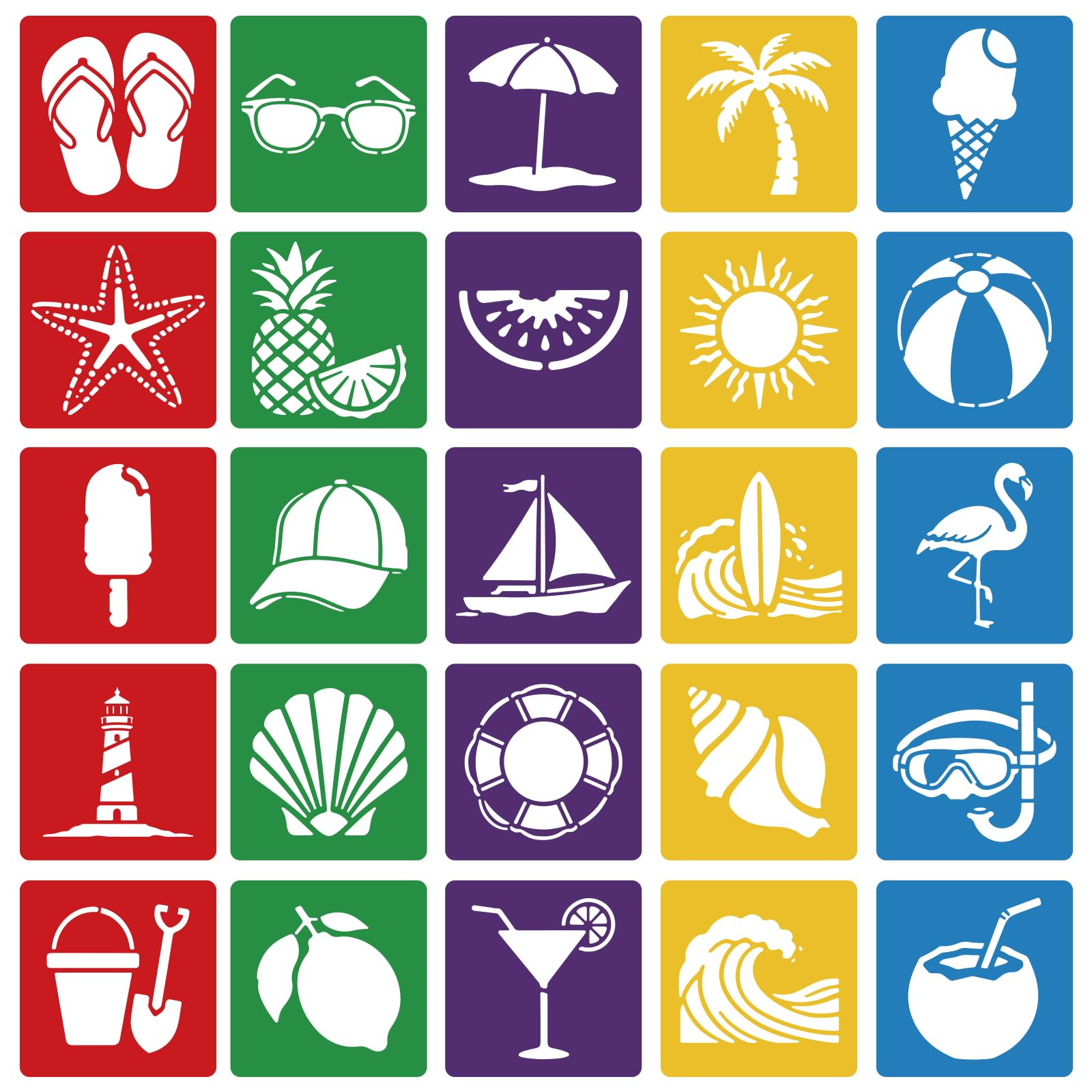 CUTHOLLOW 25PCS Summer Beach Painting Shape Stencils Sets - 8 Inch Reusable&Washable Drawing Template, Different Primary Themed Sidewalk Chalk Art Stencils Kit for Craft Room Wall Paper