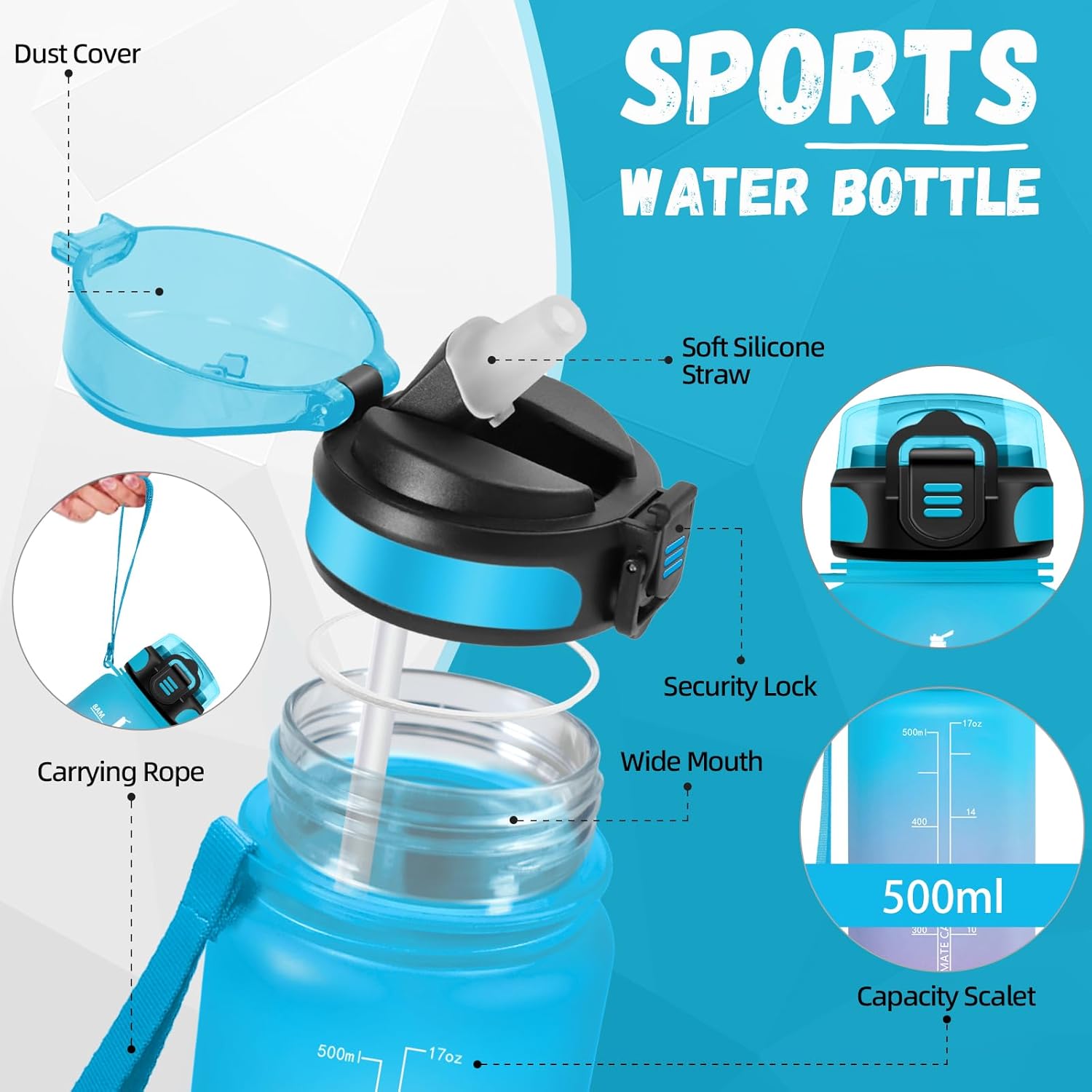 Grsta Water Bottle, 500 ml Children's Drinking Bottle, Water Bottle with Straw, Easy to Clean, Leak-Proof, Water Bottle Time Marking, Water Bottle for School, Travel, Camping, Blue/Purple