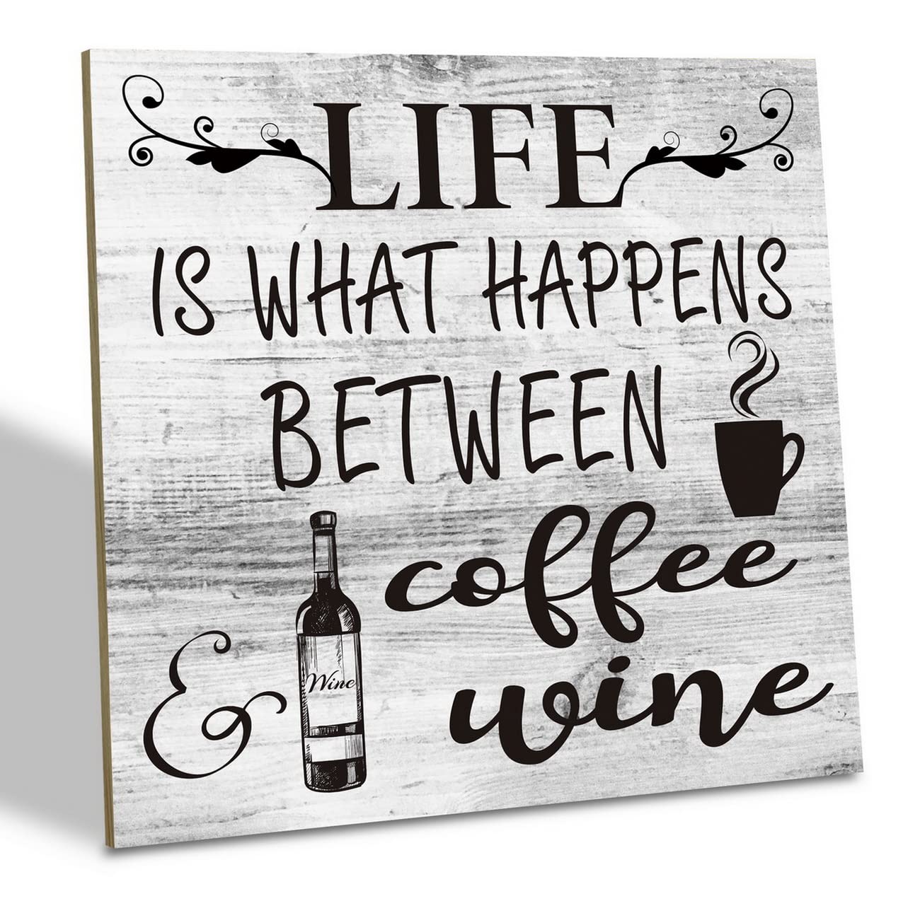 Coffee Wine Sign, Life is What Happens Between Coffee and Wine, Wood Plaque Table Art Sign 6.2*6.2inch, Funny Coffee Sign, Home Bar Tabletop Decor, Rustic Wood Sign for Kitchen Cafe Coffee Bar Décor
