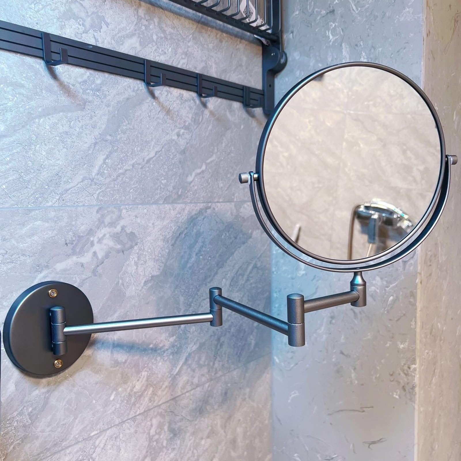 Espejo De Maquillaje Montado En La Pared De 8 Pulgadas con Aumento De 5X Y Brazo Extensible, Doble Cara con Mecanismo Giratorio De 360 Grados(Grey)