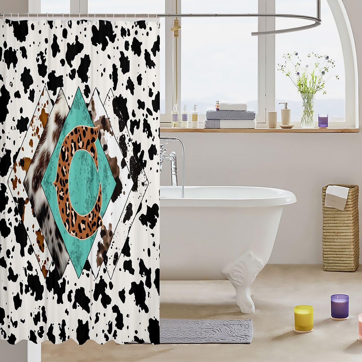 Rideau de douche lettre C taille L léopard monogramme alphabet imprimé cuir de vache rideau de bain pour adultes style rustique rustique rideaux de bain imperméables avec 12 crochets pour baignoire