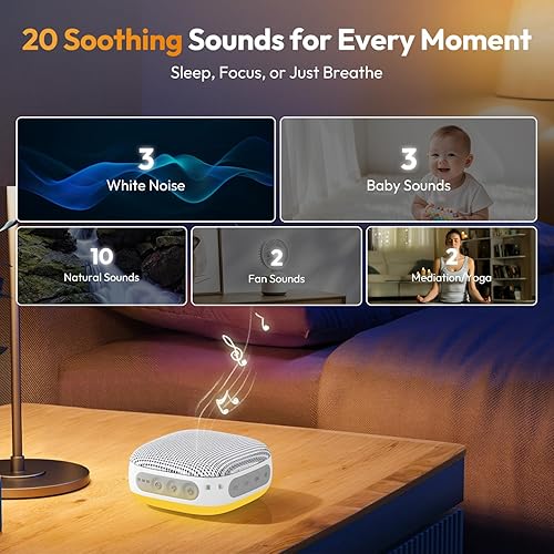 Miniatura 5 de HOMEBEST Mini máquina de sonido portátil para dormir con 21 sonidos relajantes y conector de auriculares, memoria y temporizador, máquina de sonido