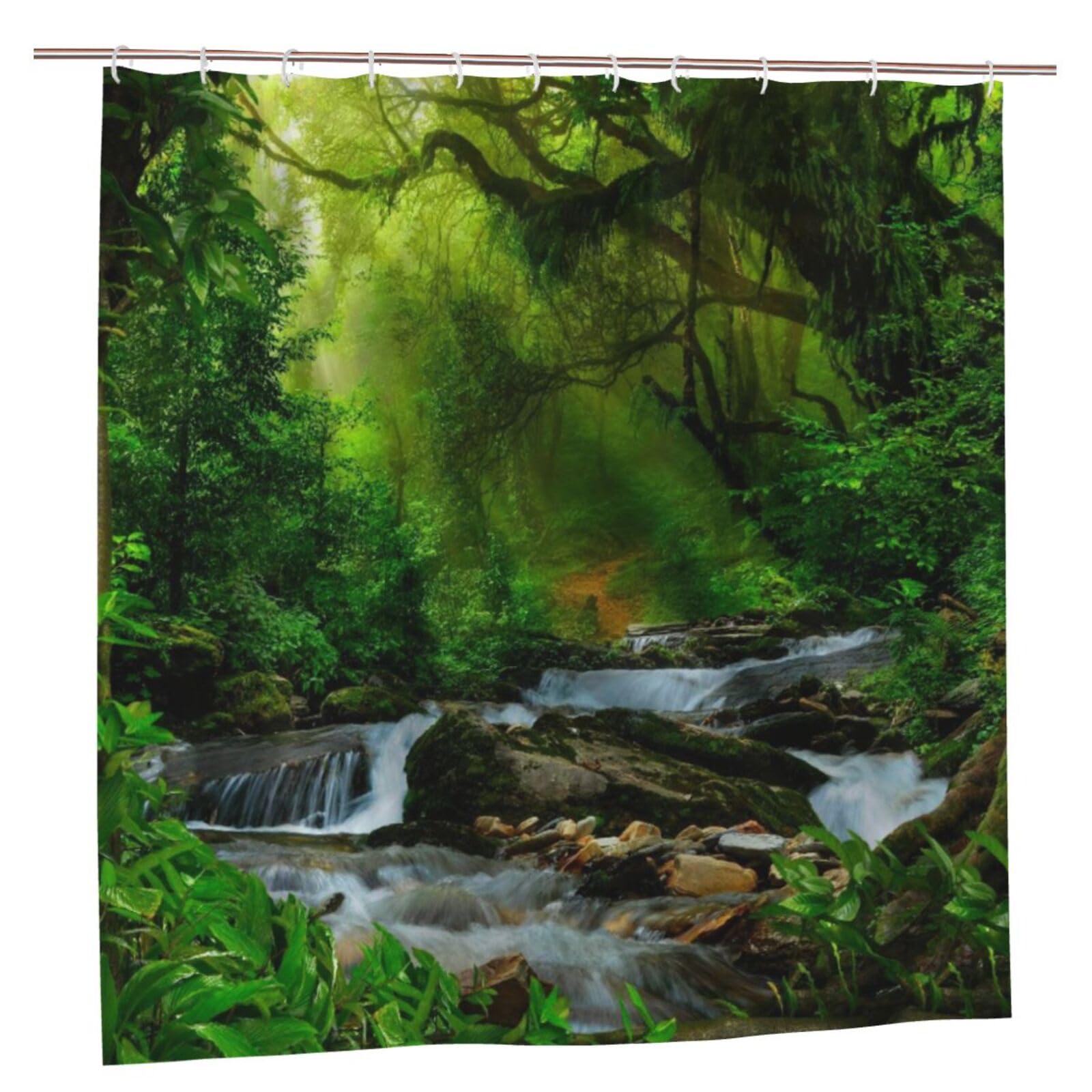Oudrspo Polyester Fabric Shower Curtain - 70x70 Inch with Metal Grommets, Artistic Privacy Design, Tropical Asian Jungle with River