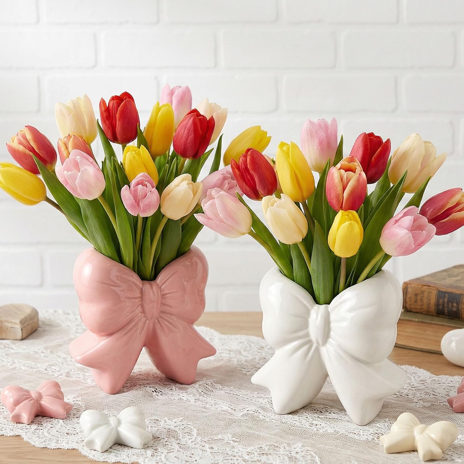 2 Pcs Pink Bow Vase Ceramic Vase Pink and White Vase Makeup Brush Pen Holder Valentine's Day Gifts Women Gift for Wedding Home Office Shelf Table Room (Pink Bow)