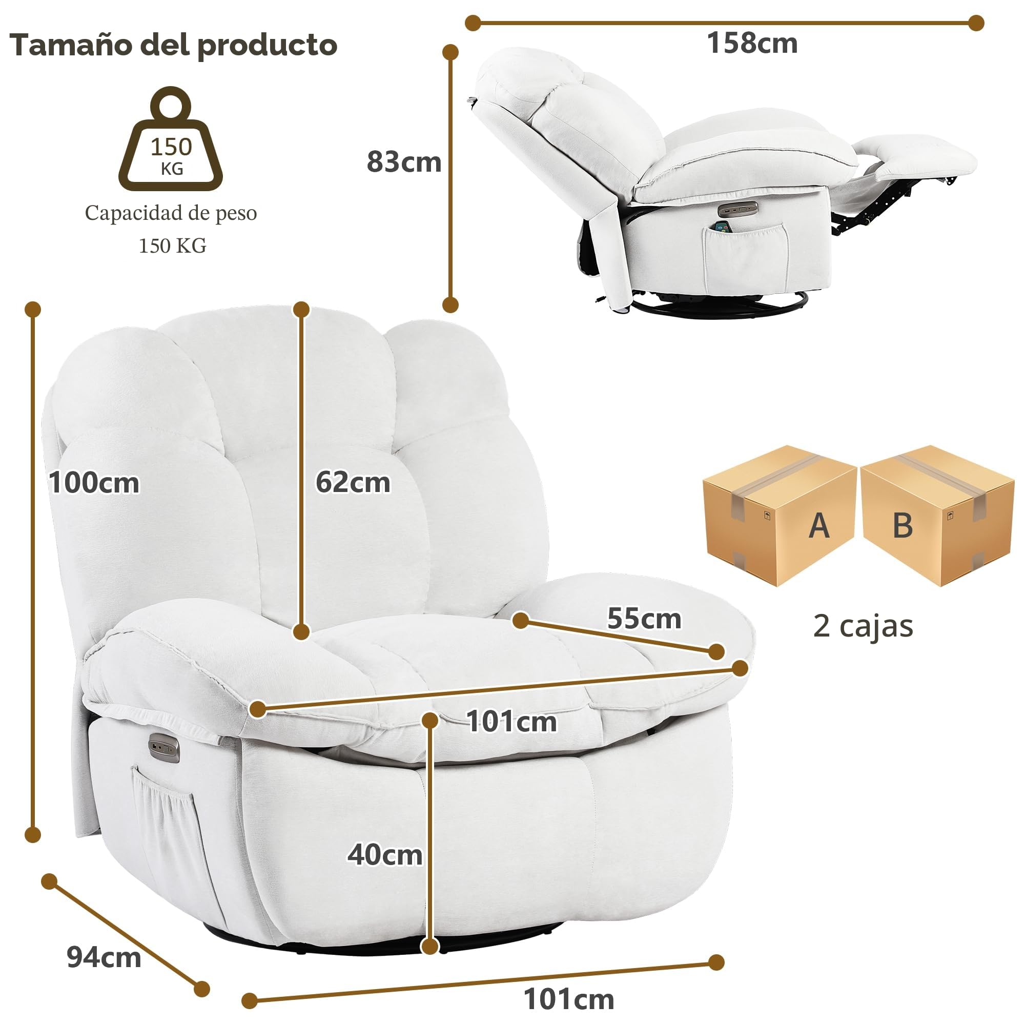 Sillón Relax Reclinable Eléctrico con Calefacción, Puertos de Carga USB-A y USB-C para Dormitorio, Salón, Estudio (Blanco)