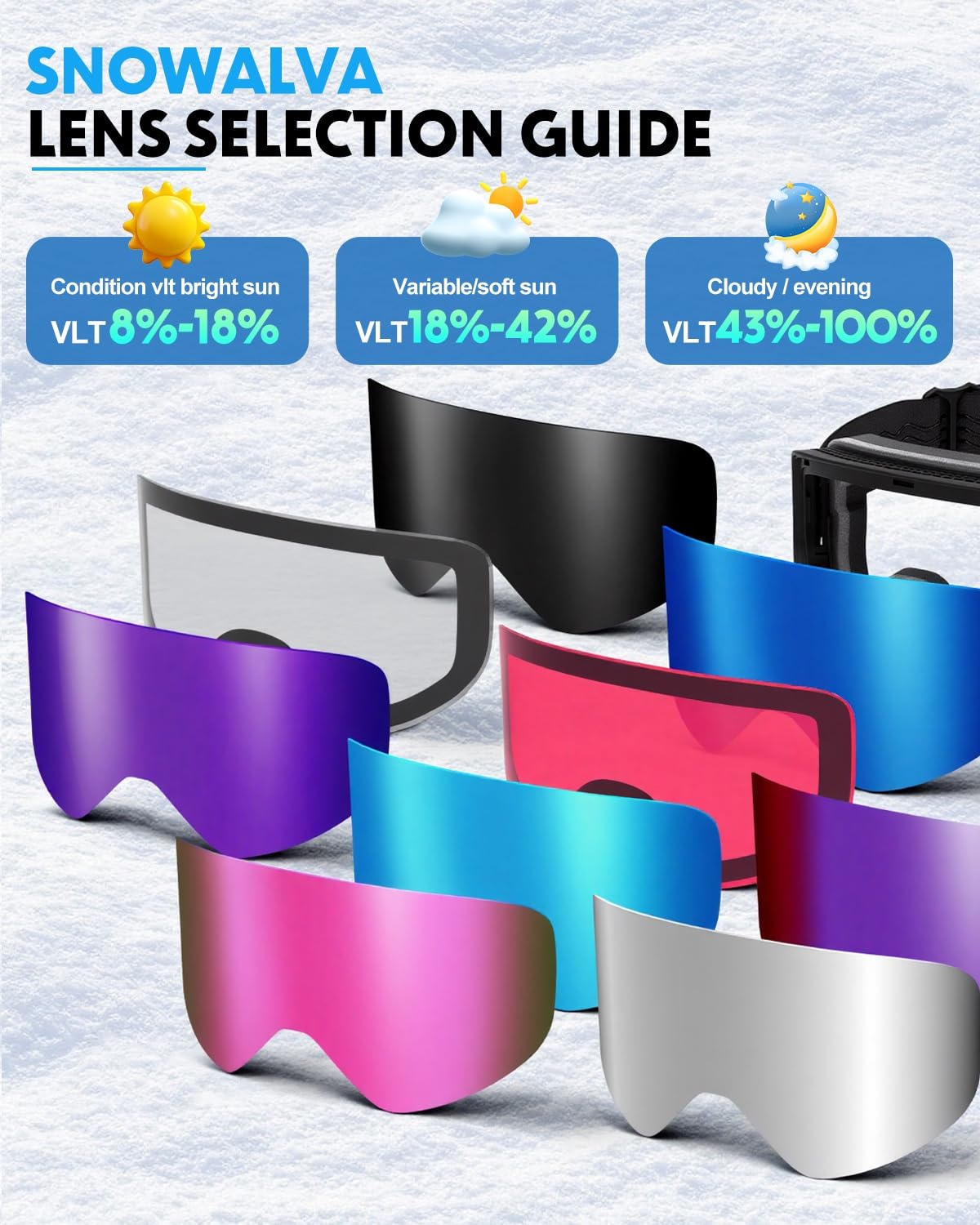 Snowalva Exklusive Ersatz-Skibrille Version 2, 8 Farben zur Auswahl der Gläser mit unterschiedlicher Lichtdurchlässigkeit