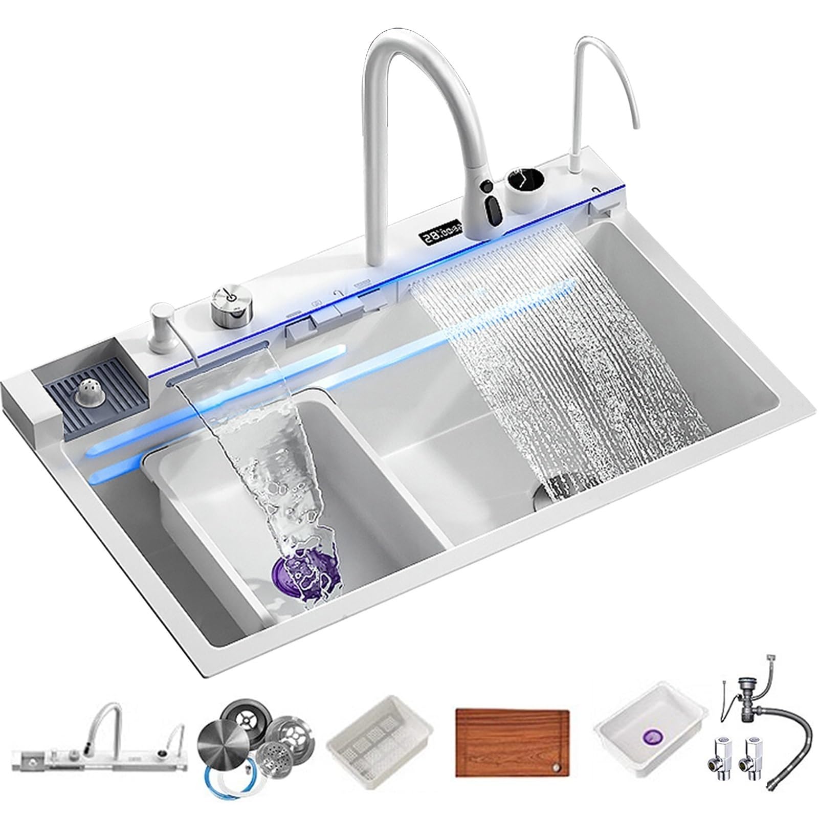 Évier de cuisine avec affichage numérique cascade multicolore et lave-gobelet