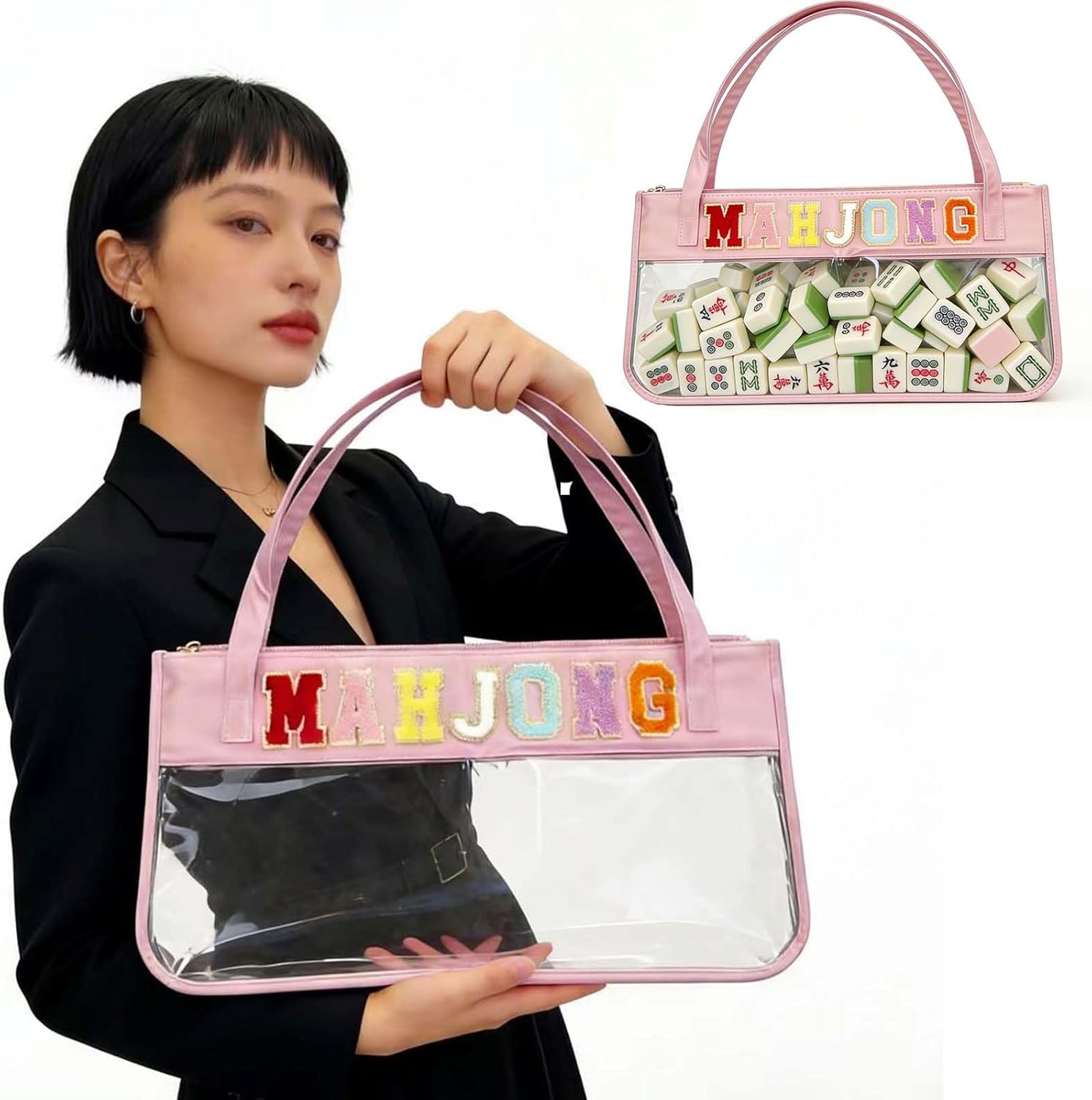 Pink Mahjong Tile Bag Empty Clear Mahjong Carrying Bag with Zipper,Waterproof Mahjong Storage Case Accessories 21 x0.4 x10 Inches for Game Lover Gift Travel