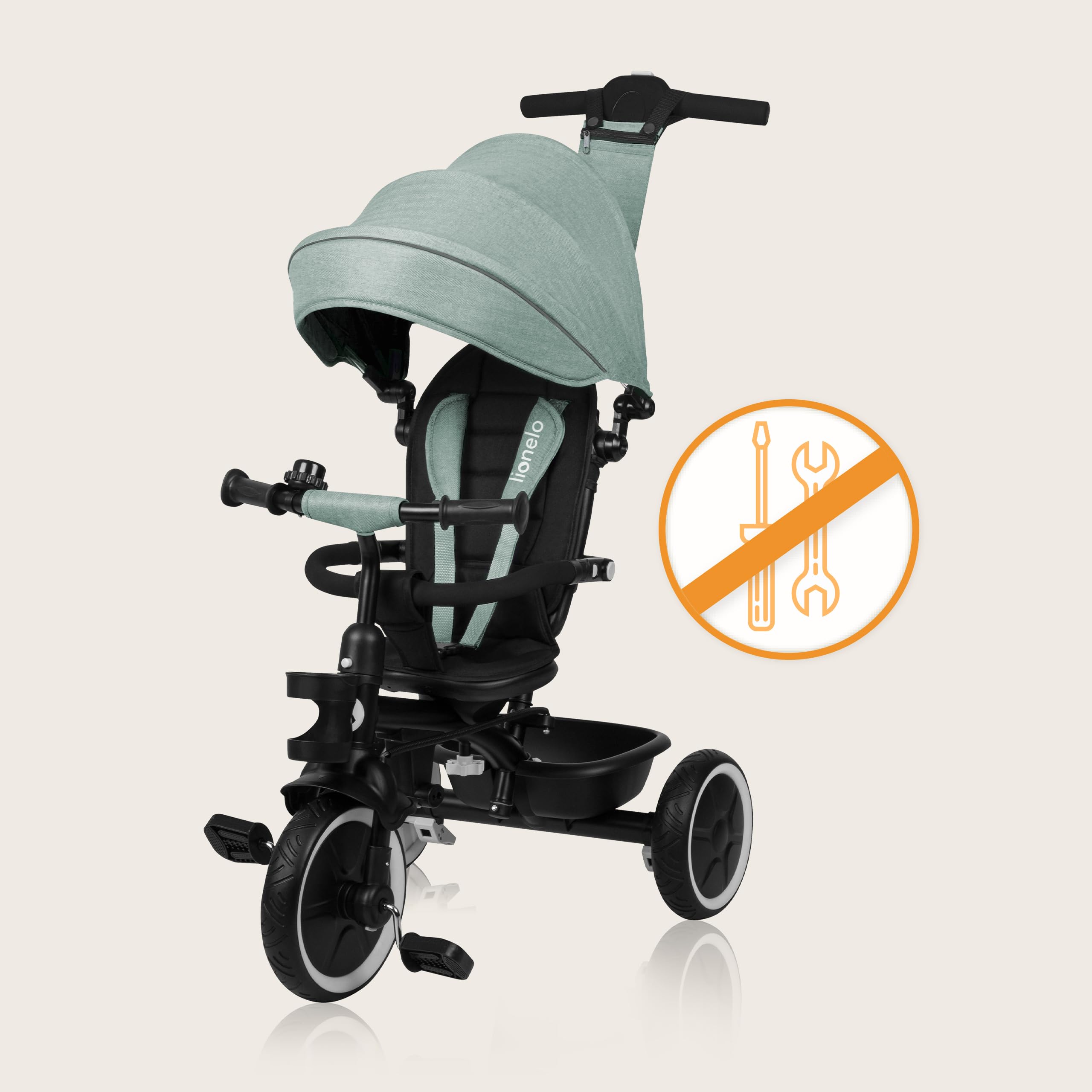 LIONELO Berry Triciclo Multifuncional de Paseo Silla de Paseo de 9 Meses a 5 años a 25 kg Ruedas Grandes de PU, Triciclo Asiento Giratorio 360° Montaje sin Herramientas