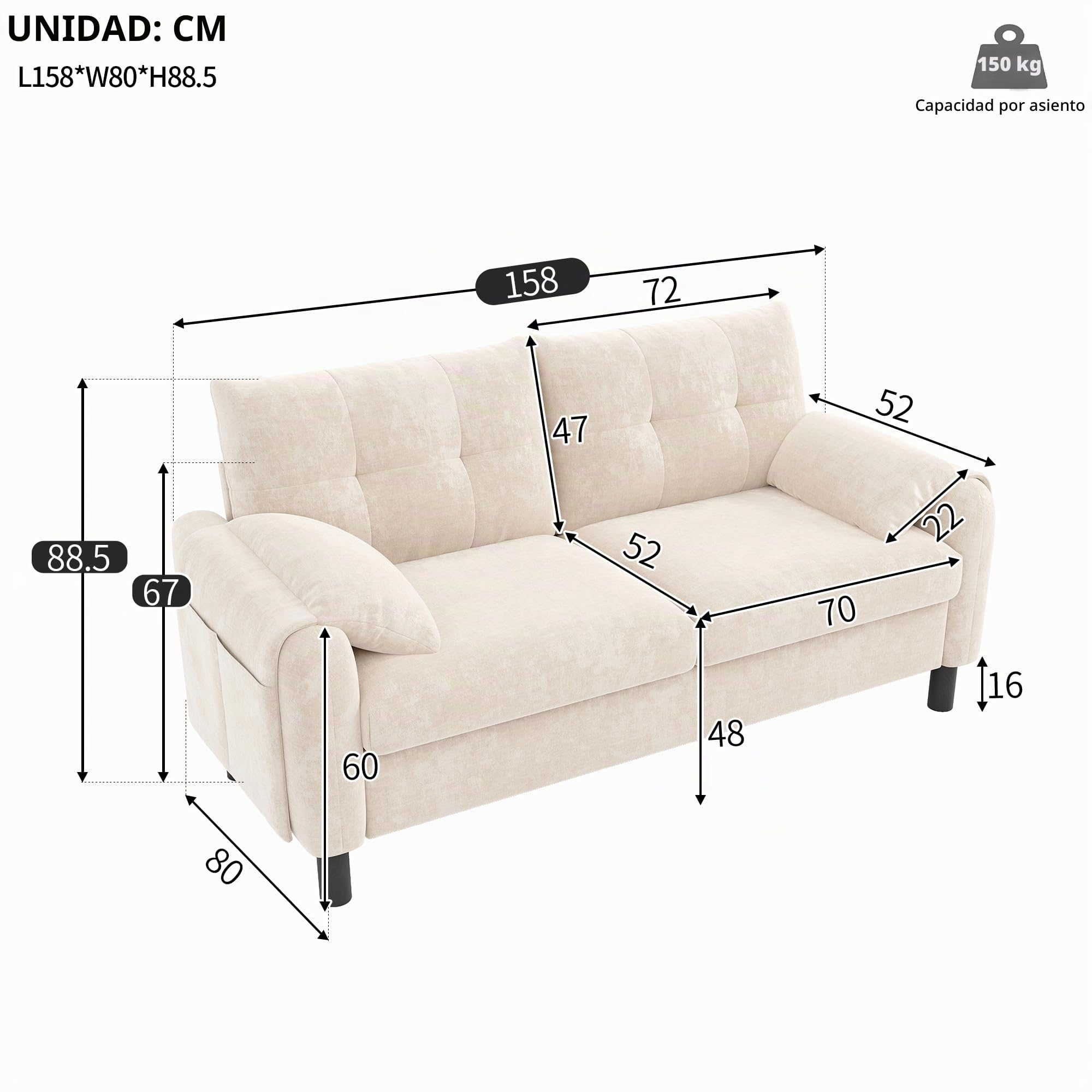 Sofá moderno de 2 plazas tapizado de tela de chenilla con cojines gruesos, sofá para salón, dormitorio, apartamento pequeño, tapizado en color beige