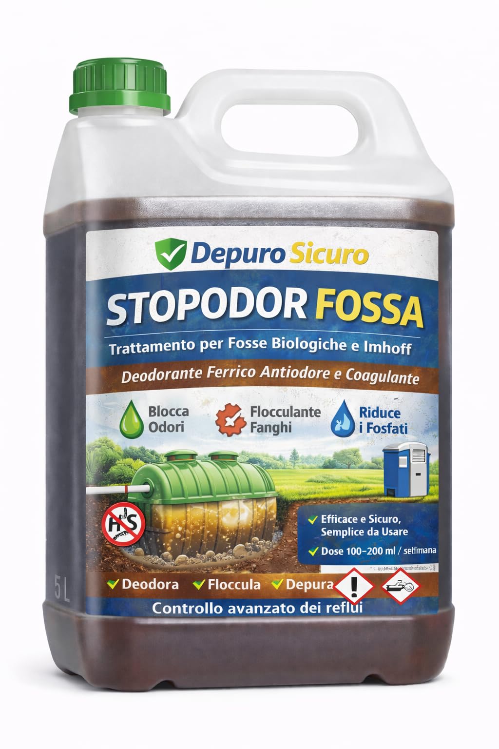 STOPODOR FOSSA Cloruro Ferrico Fosse Biologiche Vasche Imhoff Elimina Odori (H₂S), Flocculante Fanghi Riduttore Fosfati 5 kg Disgregante Concentrato Uso Professionale Domestico