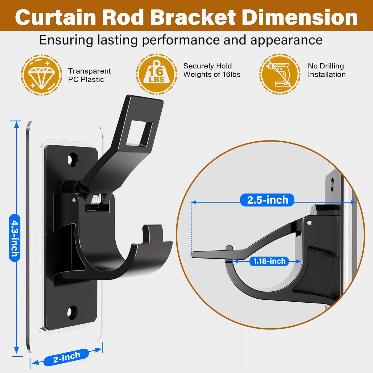 Black Rod Brackets Holders No Drilling, (20 Pack) Self Adhesive Heavy Duty Hooks, Universal Plastic Adjustable Curtain Hangers Support up to 20lbs