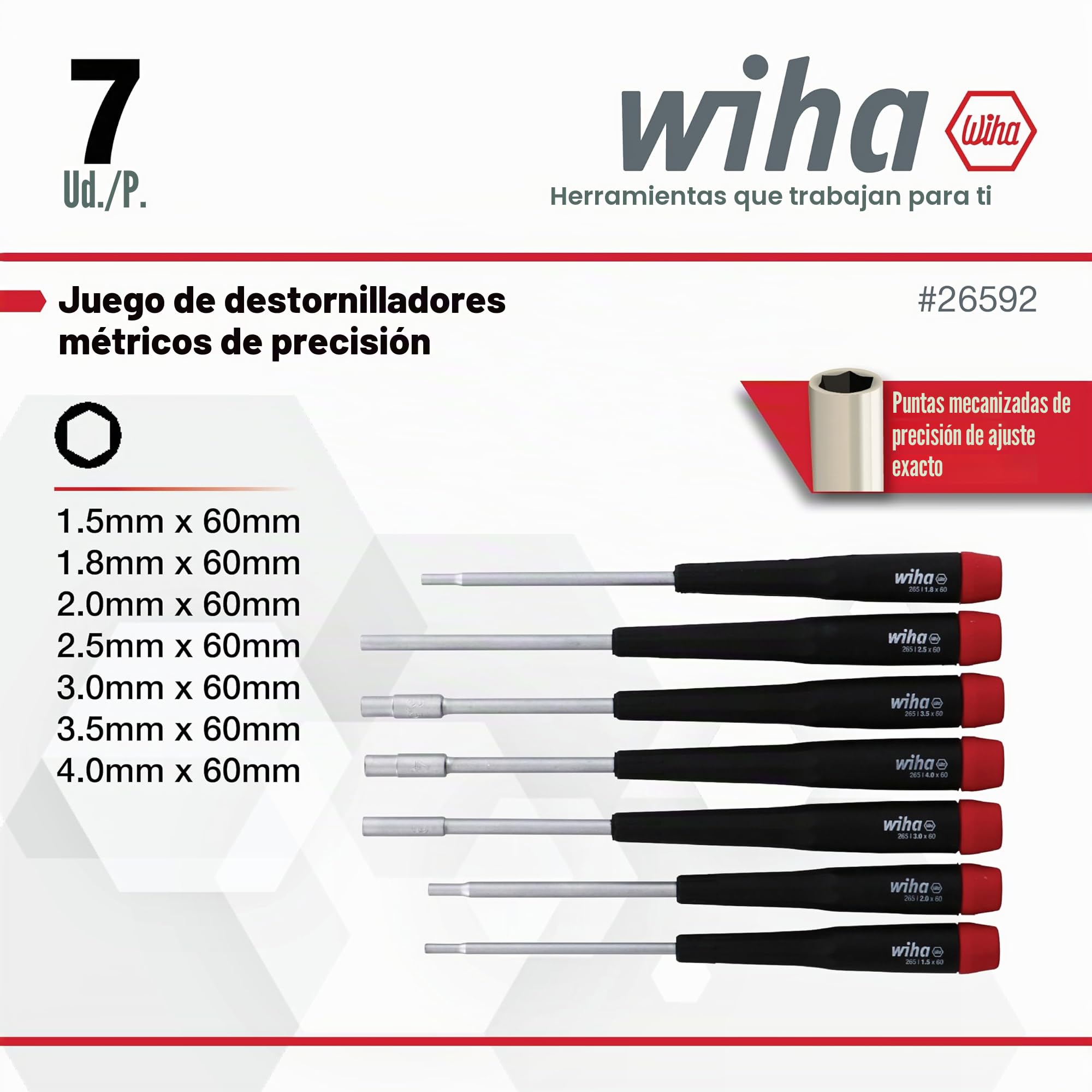 Wiha 26592 - Juego de destornilladores de tuercas con mango de precisión, métrico, 7 piezas