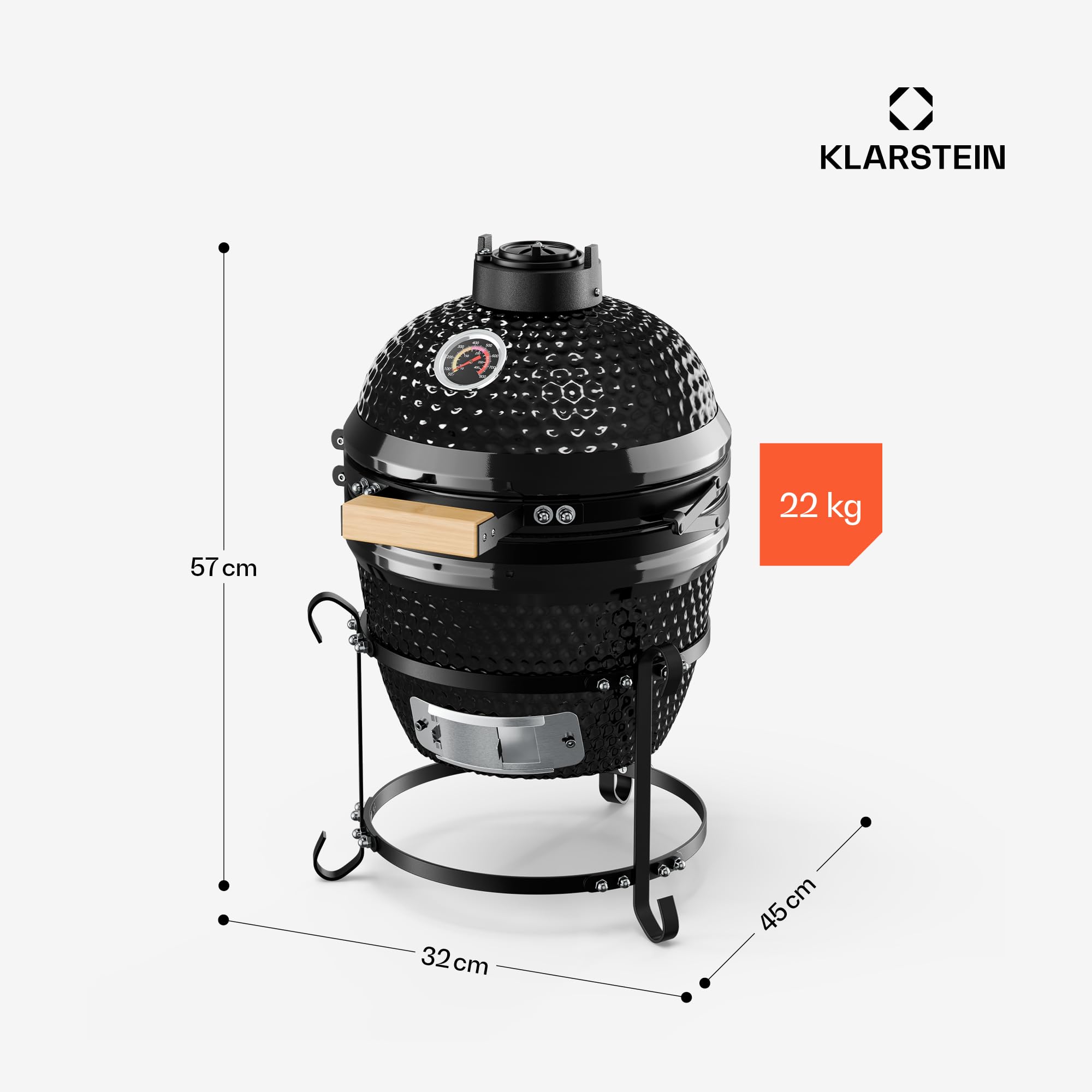 Klarstein Princesize grill Kamado, ceramiczny grill na węgiel drzewny, z pokrywką, ceramika, dobre magazynowanie ciepła, termometr wewnętrzny, drewniany uchwyt, zdejmowany stelaż, czarny