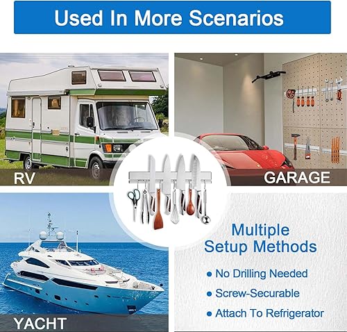 Miniatura 8 de Portacuchillos magnético de 12 pulgadas para pared con 6 ganchos sin taladro, doble barra magnética para cuchillos con adhesivo fuerte, gancho para