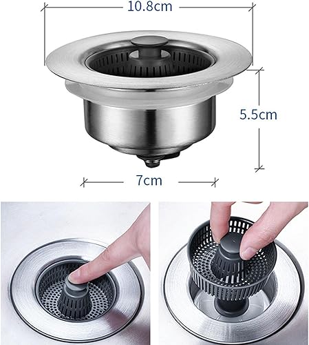 Miniatura 4 de Ayuda para fregadero de acero inoxidable 3 en 1, colador de drenaje y tapón de cocina de acero inoxidable, coladores de fregadero para fregadero de